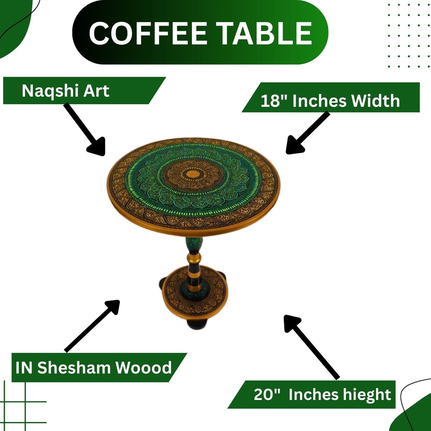 Green & Gold Art Coffee Table – 18" Round Handcrafted Table | Royal Lacquer Finish, 20" Height Accent Piece