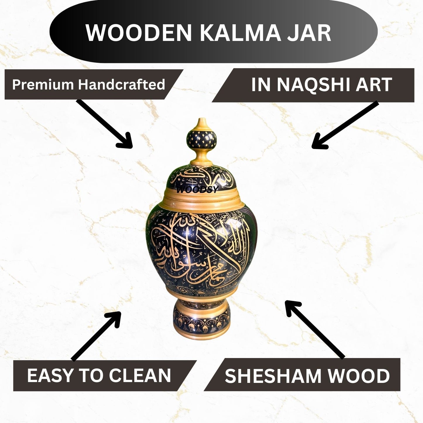 Wooden Kalma Jar – Handcrafted Naqshi Art in Sheesham Wood | Black & Golden Islamic Calligraphy Decor
