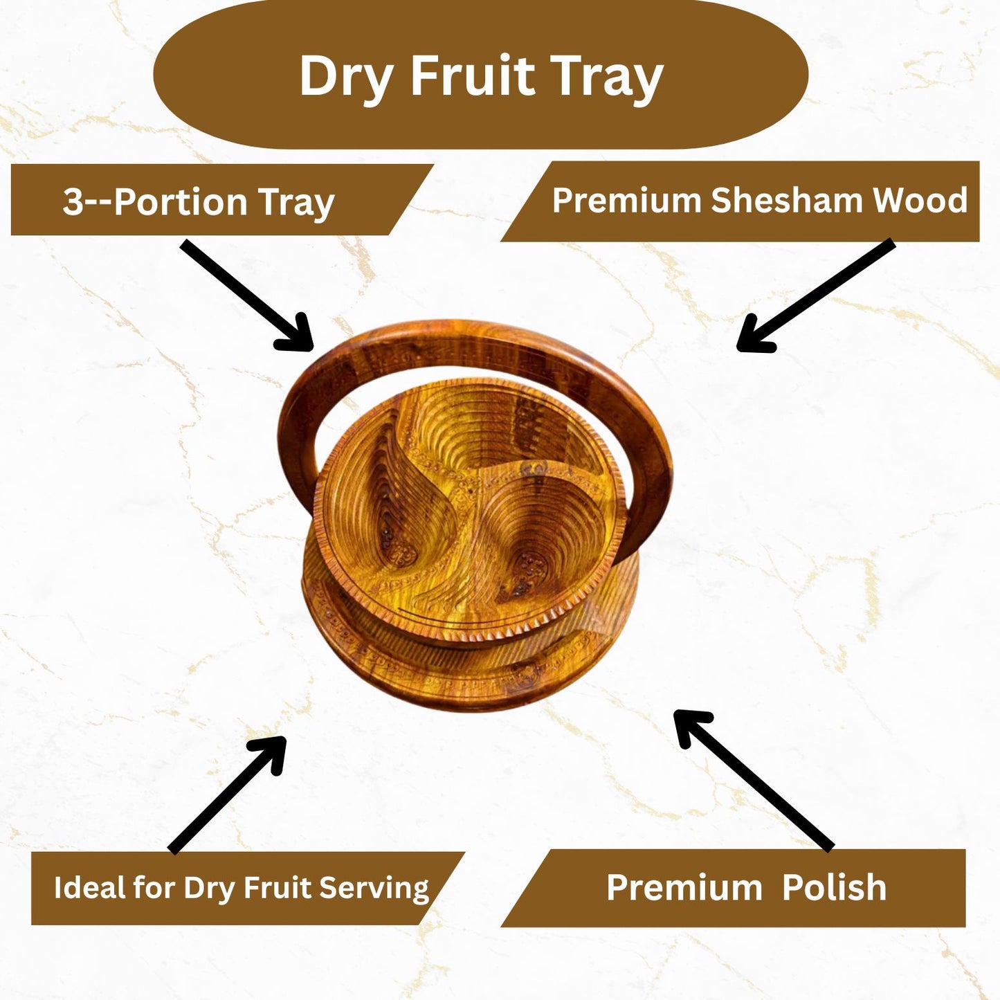 3-Portion Handcrafted Wooden Spring Tray – Stylish & Functional Dry Fruit Server