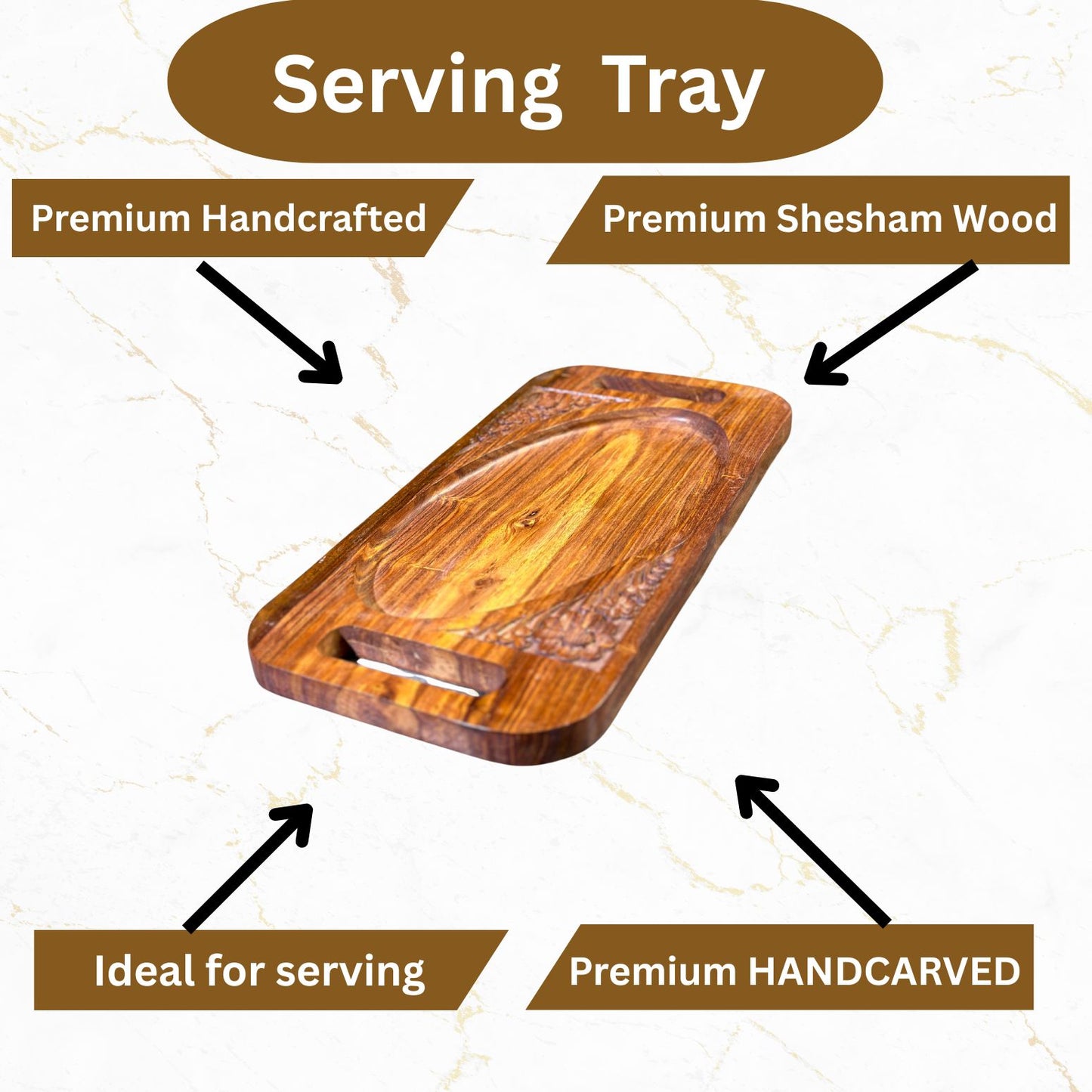 Handcarved Wooden Dry Fruit Serving Tray – 8 x 16 Inch Decorative Platter with 4 Sections