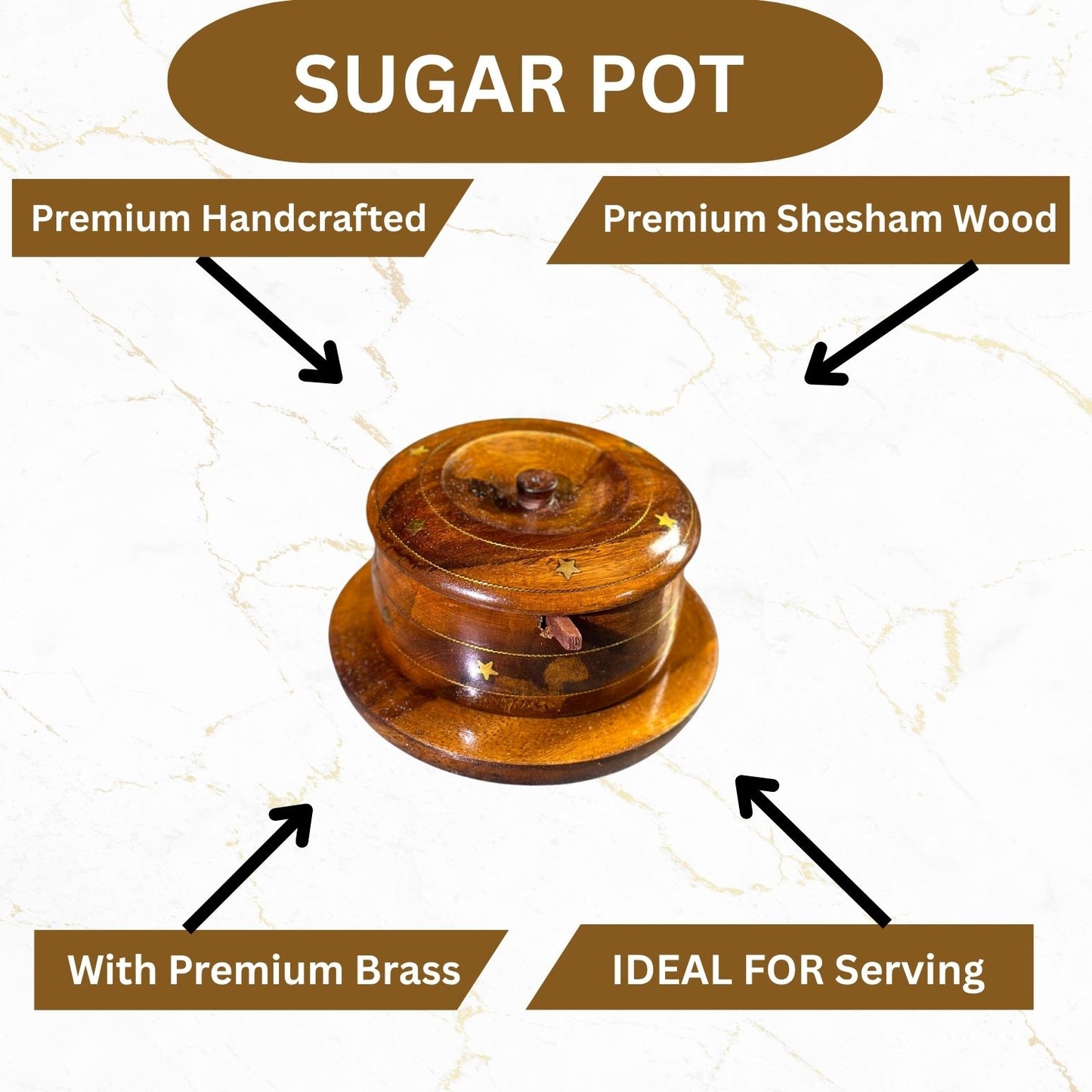 Handcrafted Wooden Sugar Pot with Brass Inlay & Spoon – Traditional Design