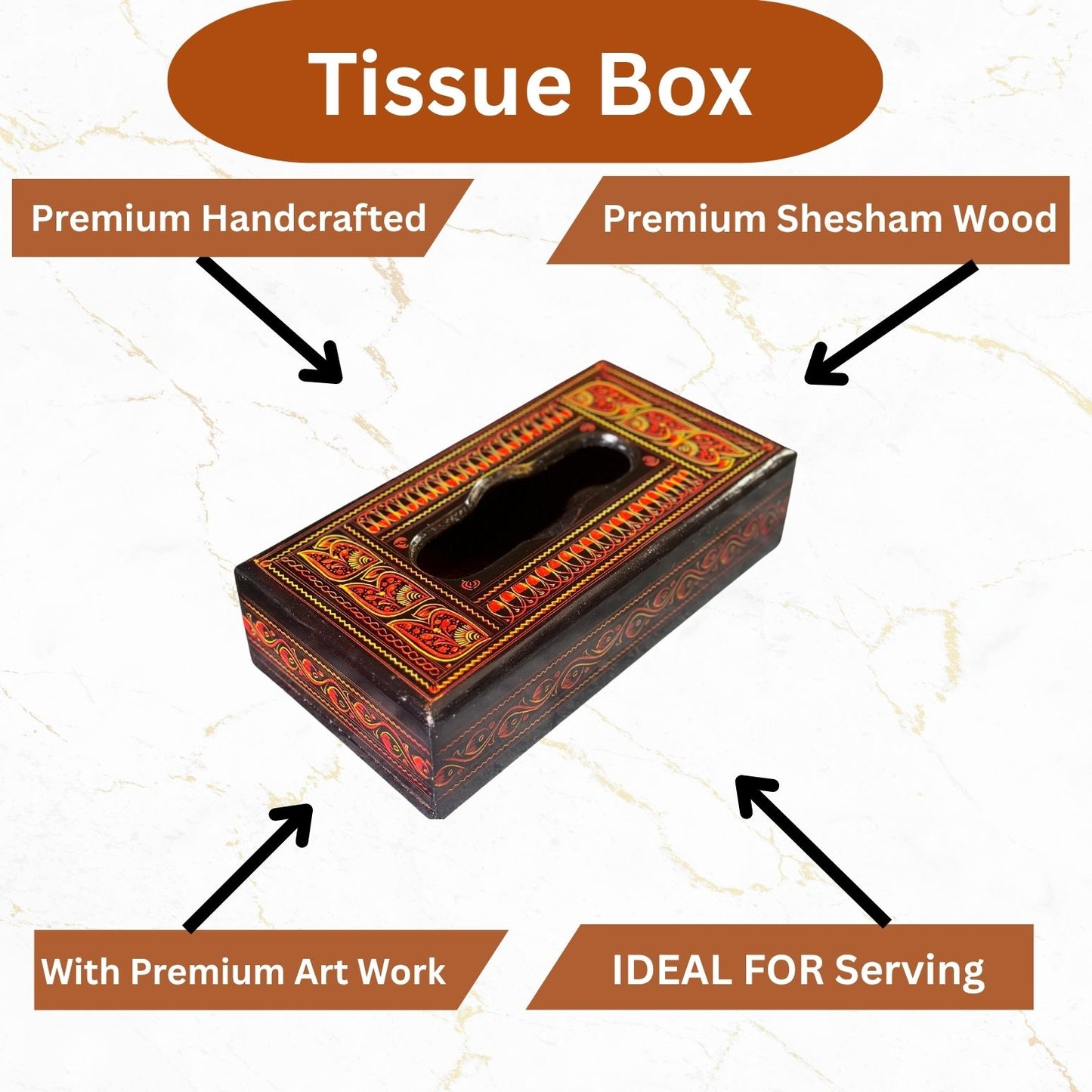 Handcrafted Wooden Tissue Box – Naqshi Art – Light Orange, Red & Yellow Shades with Black – 6x11 inch