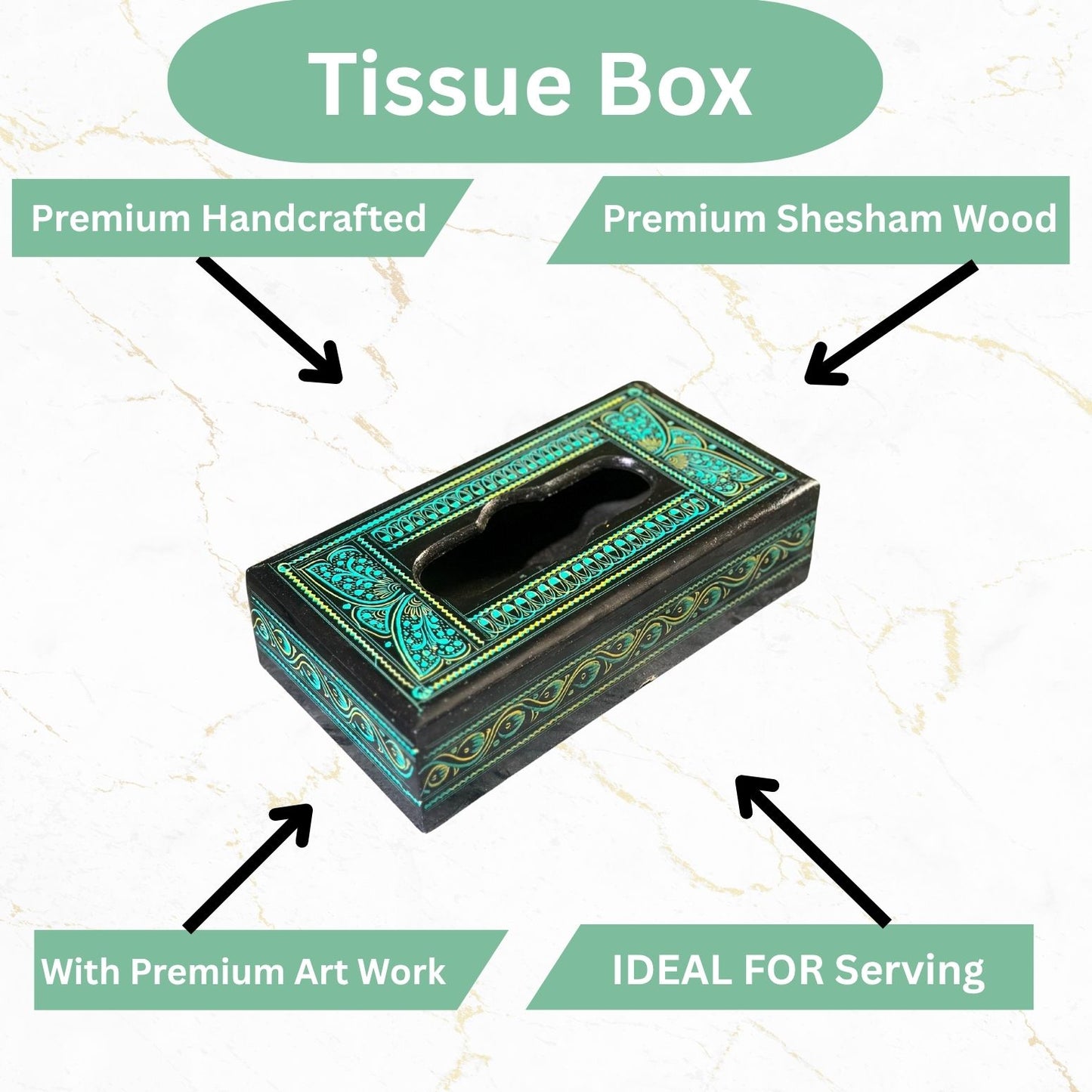 Handcrafted Wooden Tissue Box – Naqshi Art – Turquoise (Ferozi) & Black – 6x11 inch