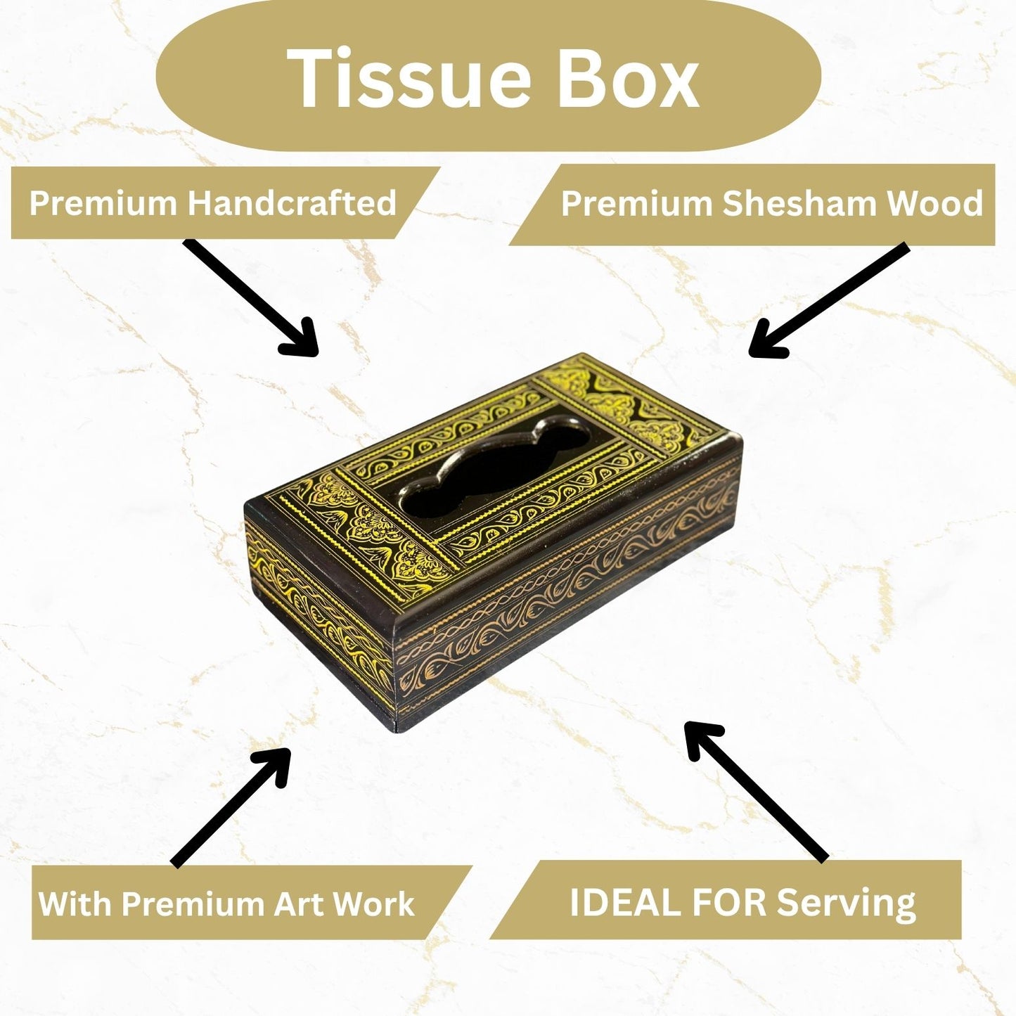 Handcrafted Wooden Tissue Box – Naqshi Art – Dark Yellow & Black – 6x11 inch