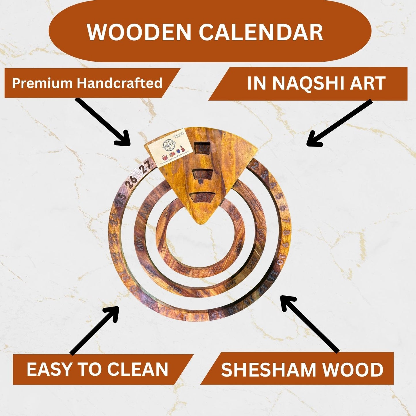 Wooden Handmade Calendar – Sheesham Wood | Rotating Day, Date & Month Dials