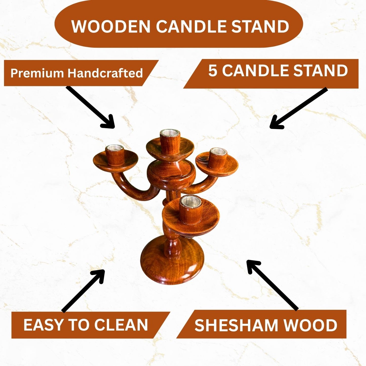 Sheesham Wood Candle Stand for 5 Candles – Handmade Wooden Candle Holder with Steel Inserts | Home & Dining Table Decor