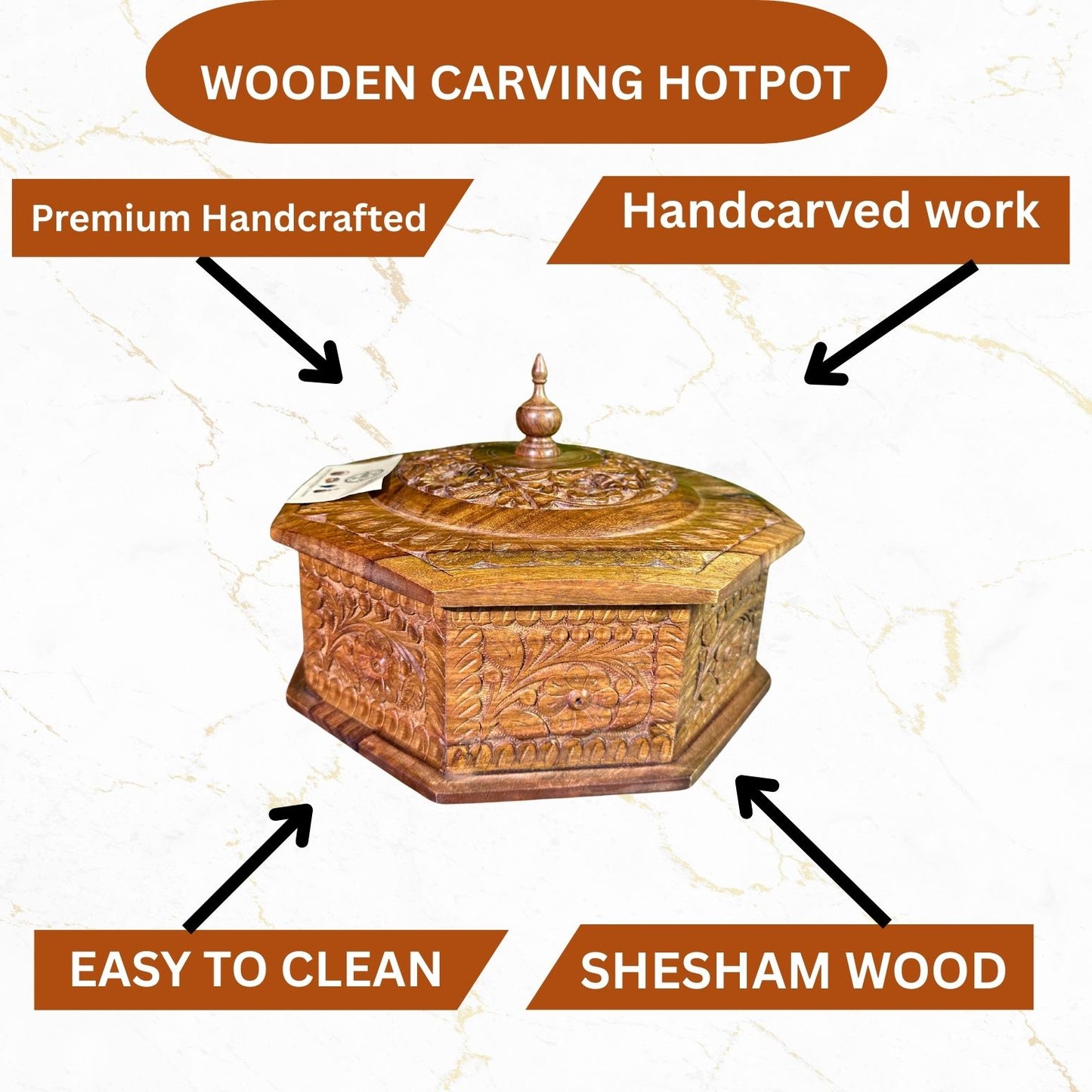 Handcrafted Wooden Hotpot – Octagon Shape with Intricate Hand-Carved Detailing (12x8")