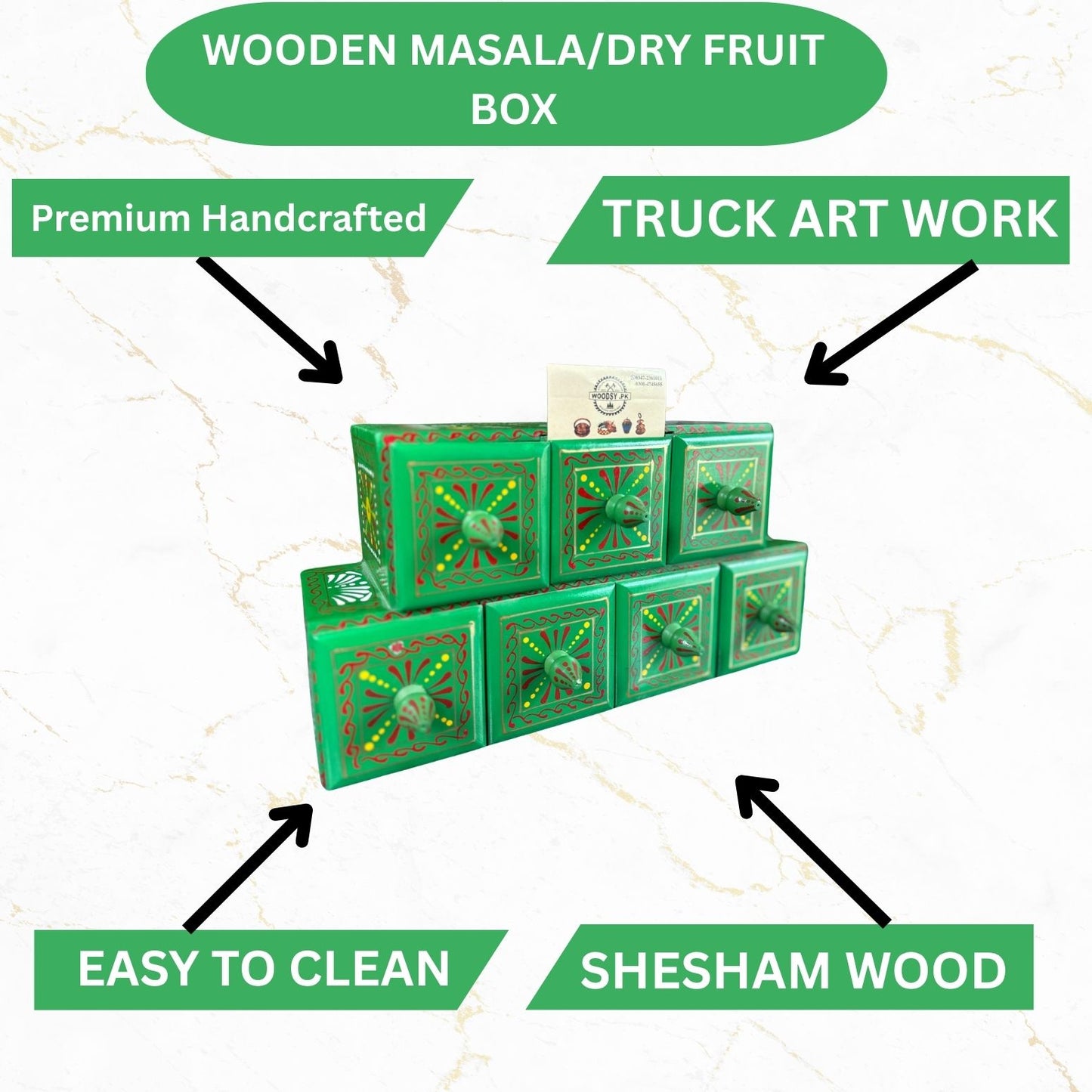 Hand-Painted Green Wooden Spice Box – 7 Portion Truck Art Design | Sheesham Wood Kitchen Organizer