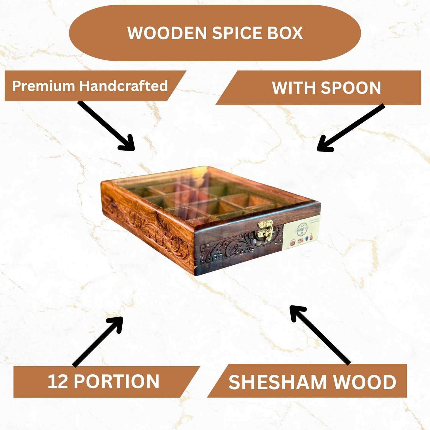 12 Portion Handcarved Design Wooden Spice Box with Spoon & Non-Breakable Glass Lid