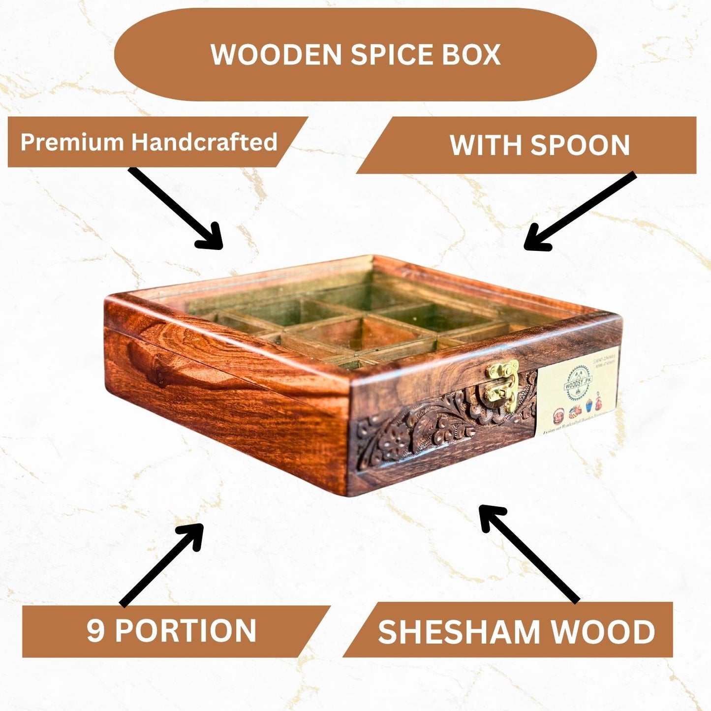 Handcarved Wooden Spice Box in Sheesham Wood – 9 Portion with Spoon & Non-Breakable Glass Lid