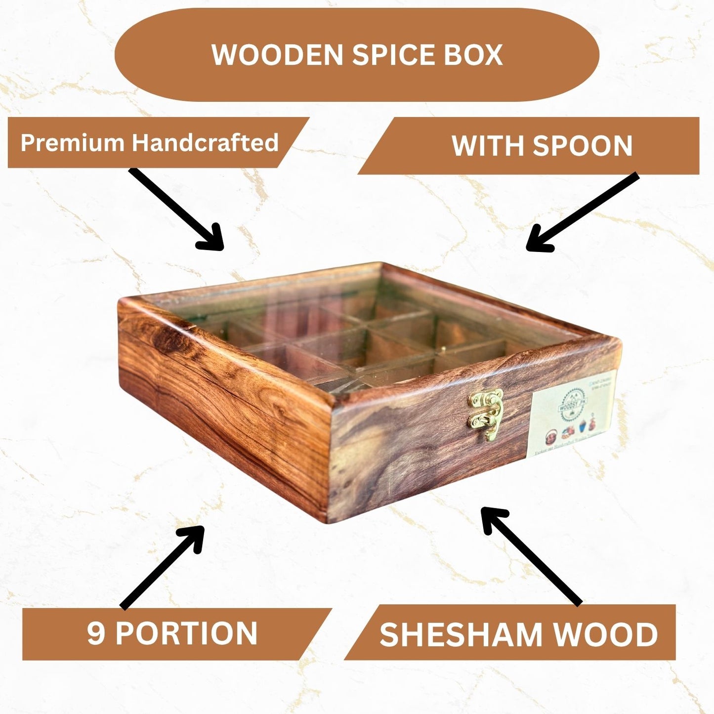 Wooden Spice Box in Sheesham Wood – 9 Portion with Spoon & Non-Breakable Glass Lid