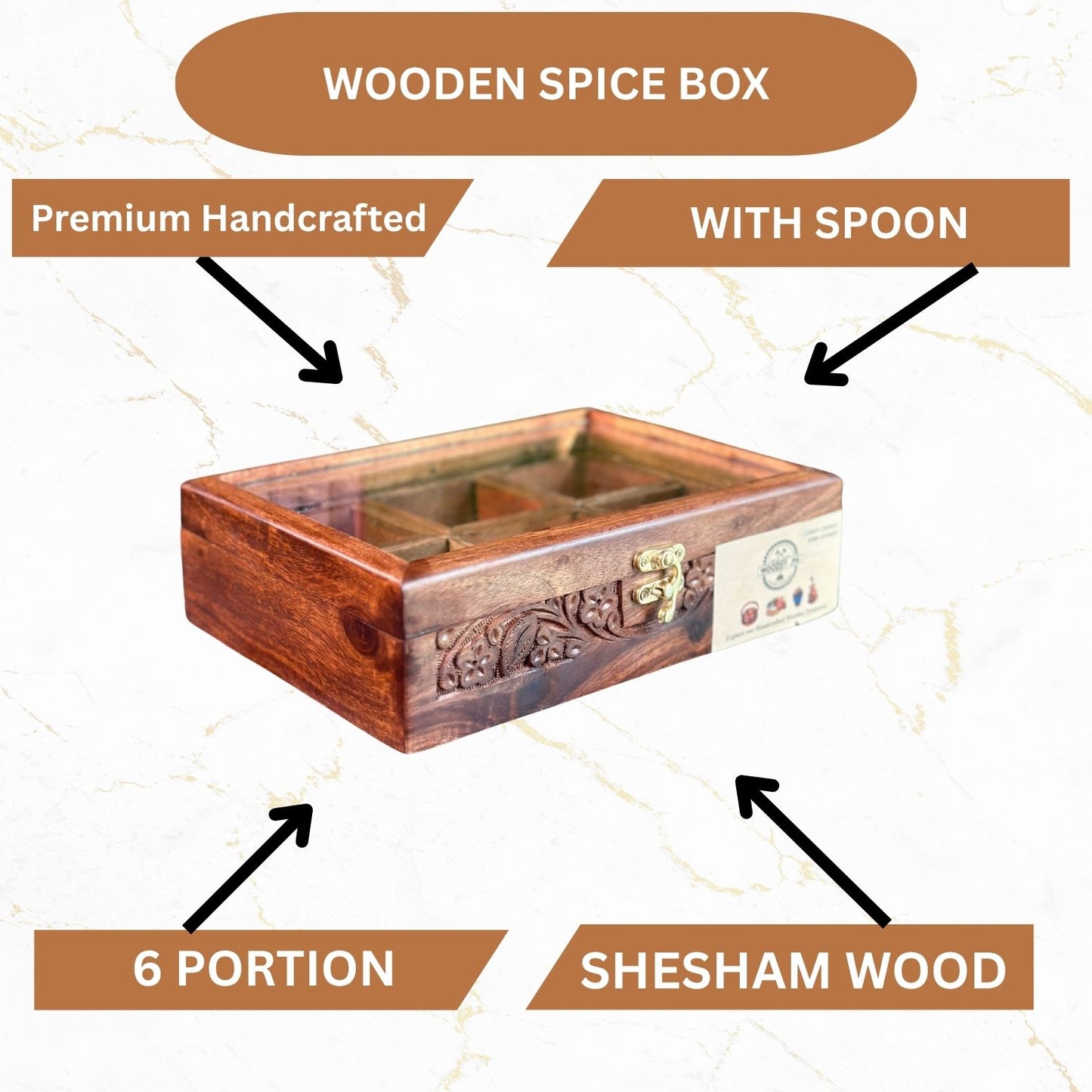 Handcarved Wooden Spice Box in Sheesham Wood – 6 Portion with Spoon & Non-Breakable Glass Lid