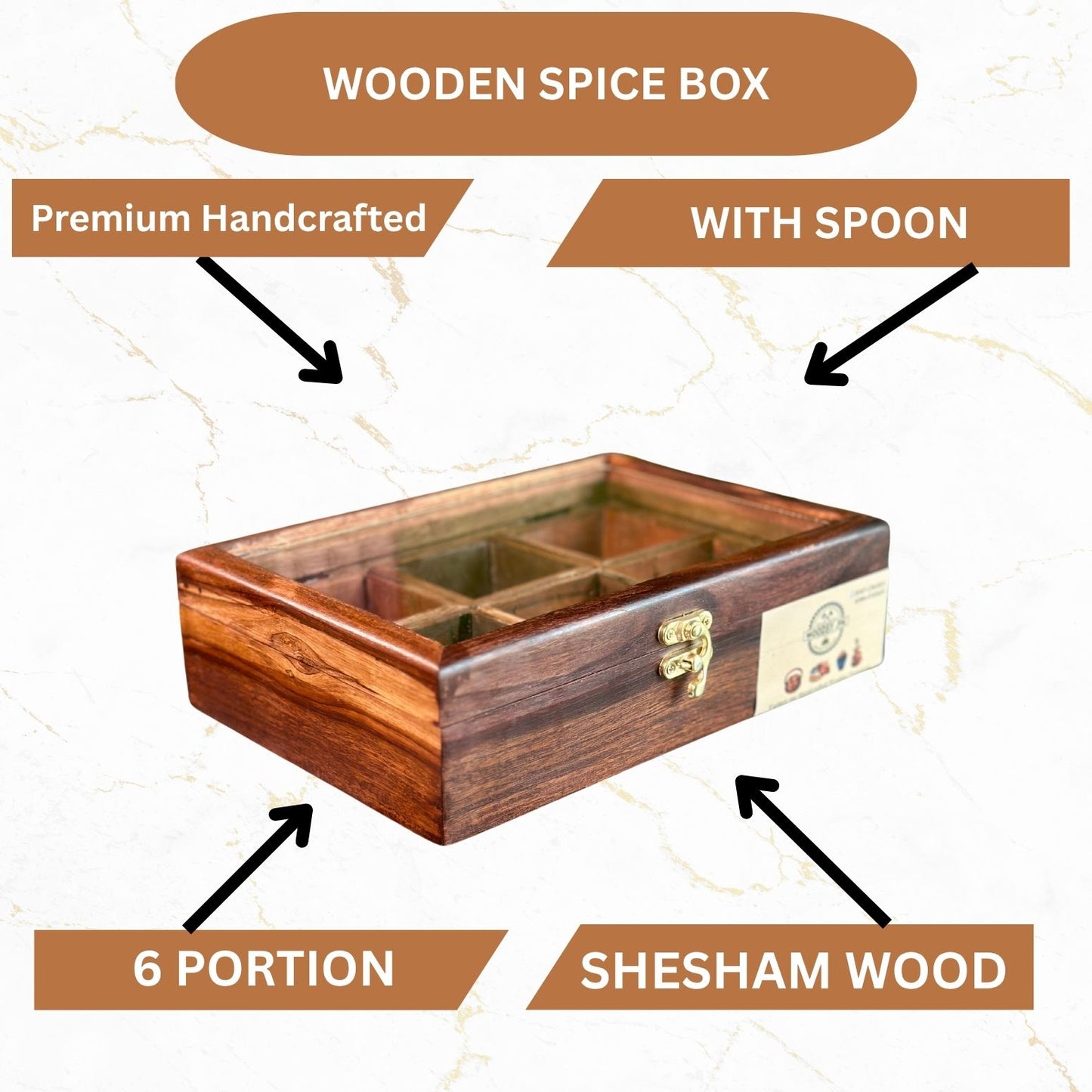 Wooden Spice Box in Sheesham Wood – 6 Portion with Spoon & Non-Breakable Glass Lid