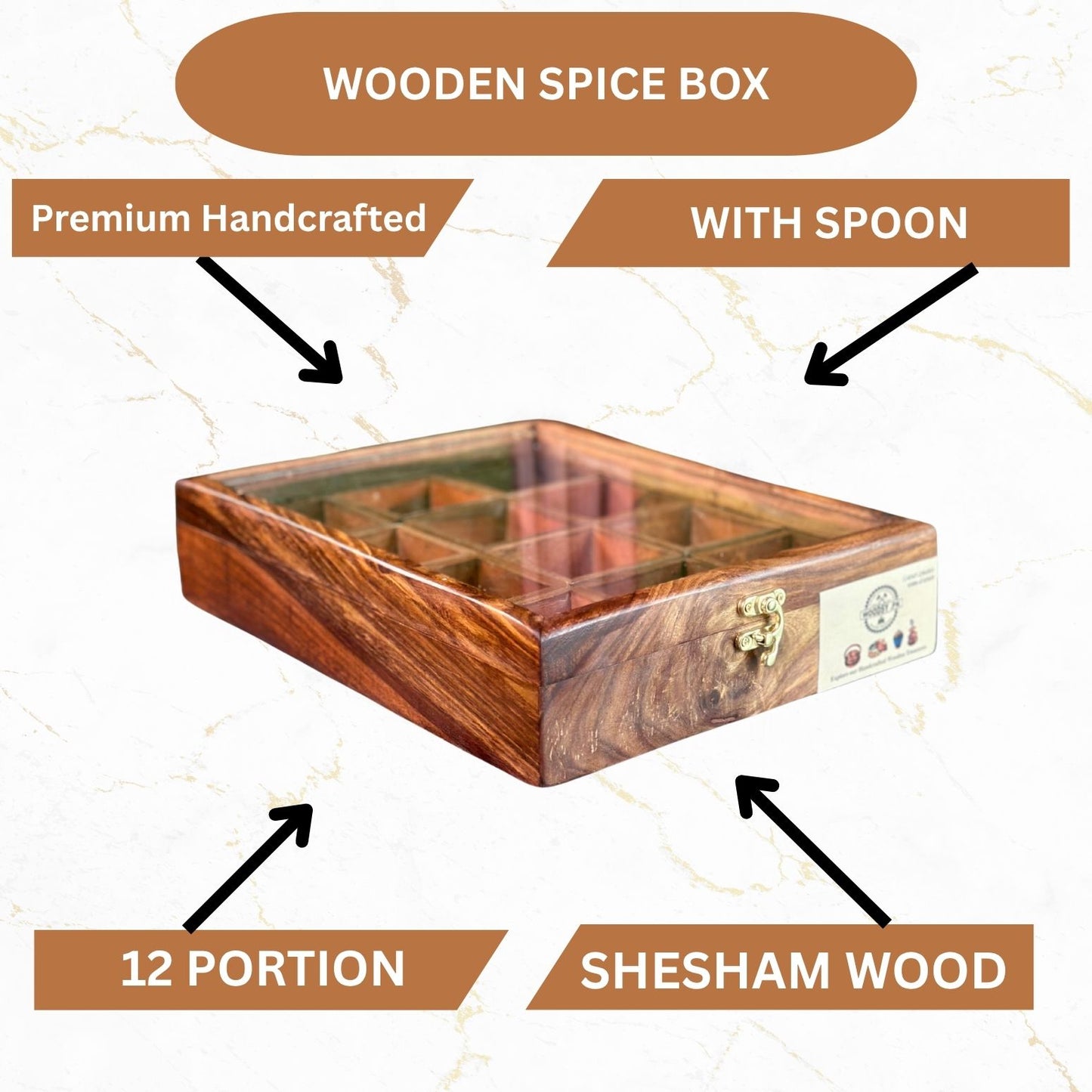Wooden Spice Box in Sheesham Wood – 12 Portion with Spoon & Non-Breakable Glass Lid