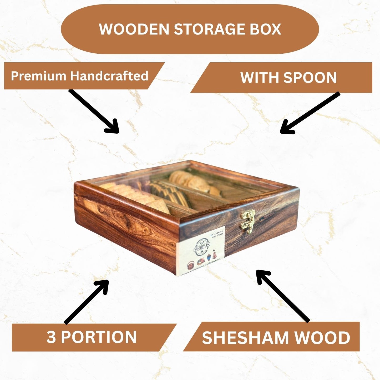 Wooden Storage Box in Pure Sheesham Wood – 3 Portion Biscuit & Spice Box with Spoon & Non-Breakable Glass Lid