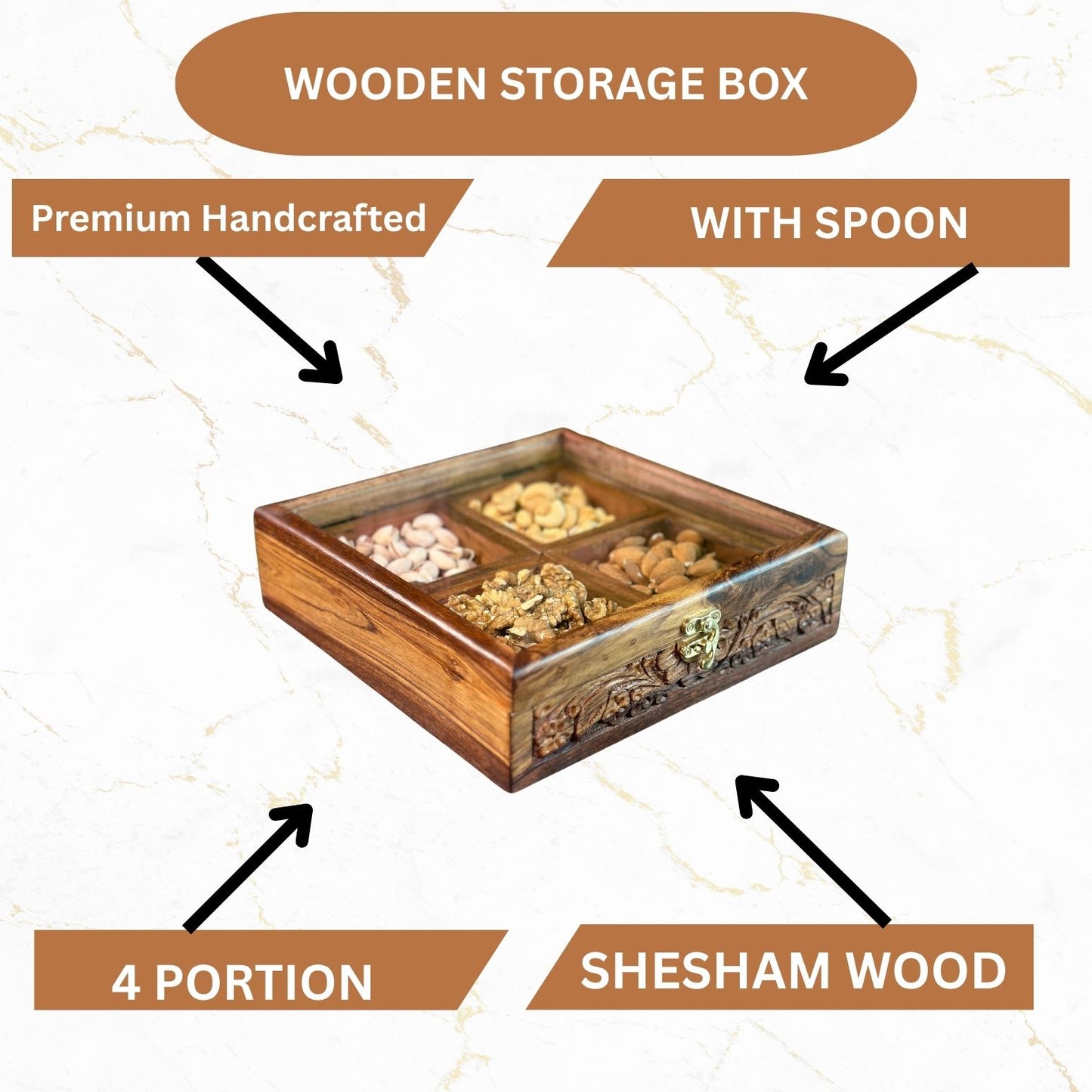 Wooden Storage Box in Pure Sheesham Wood – 4 Portion Dry Fruit & Spice Box with Spoon & Non-Breakable Glass Lid