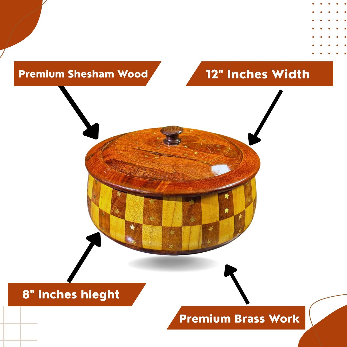 "Handcrafted 12-Inch Tukri Wooden Hotpot (Without Steel) with Brass Detailing"