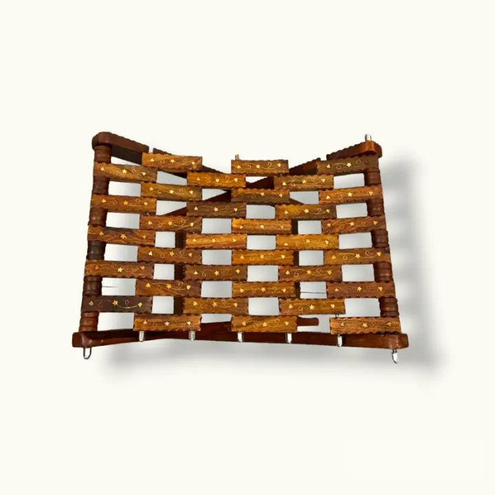 Handmade Foldable Wooden Tukri Shape Stool with Brass Work – Pure Sheesham Wood | 20” Height x 21” Length x 12” Width