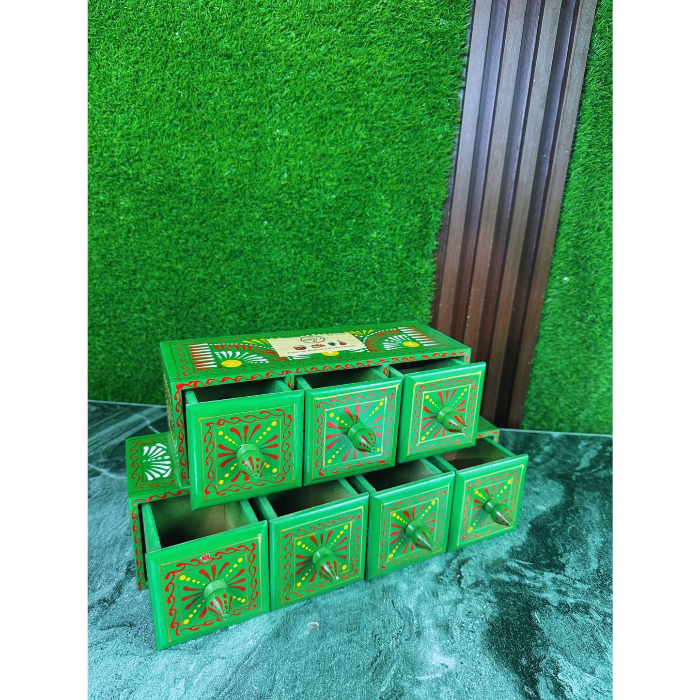 Hand-Painted Green Wooden Spice Box – 7 Portion Truck Art Design | Sheesham Wood Kitchen Organizer