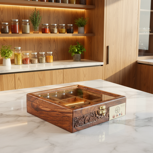 Handcarved Wooden Spice Box in Sheesham Wood – 9 Portion with Spoon & Non-Breakable Glass Lid