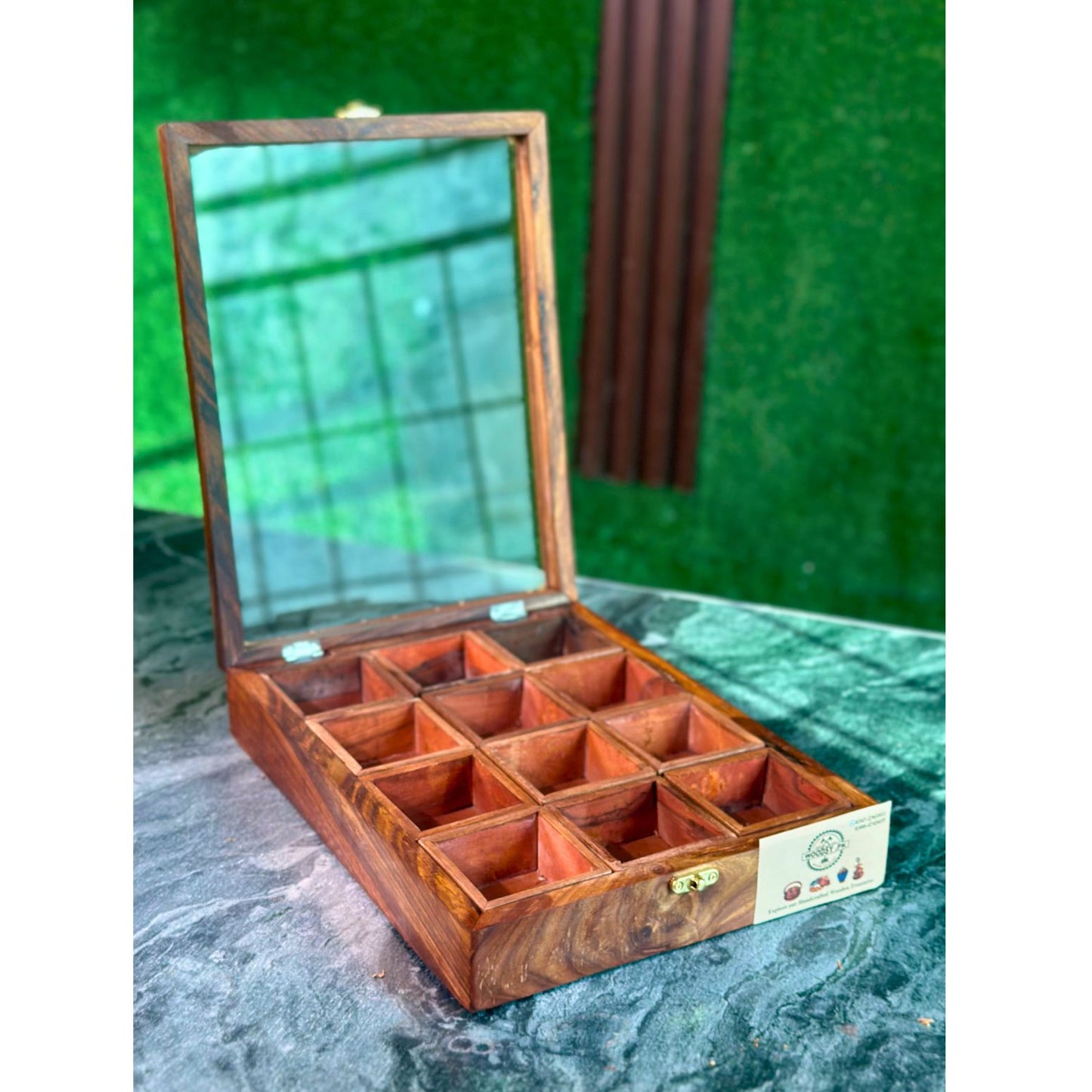 Wooden Spice Box in Sheesham Wood – 12 Portion with Spoon & Non-Breakable Glass Lid