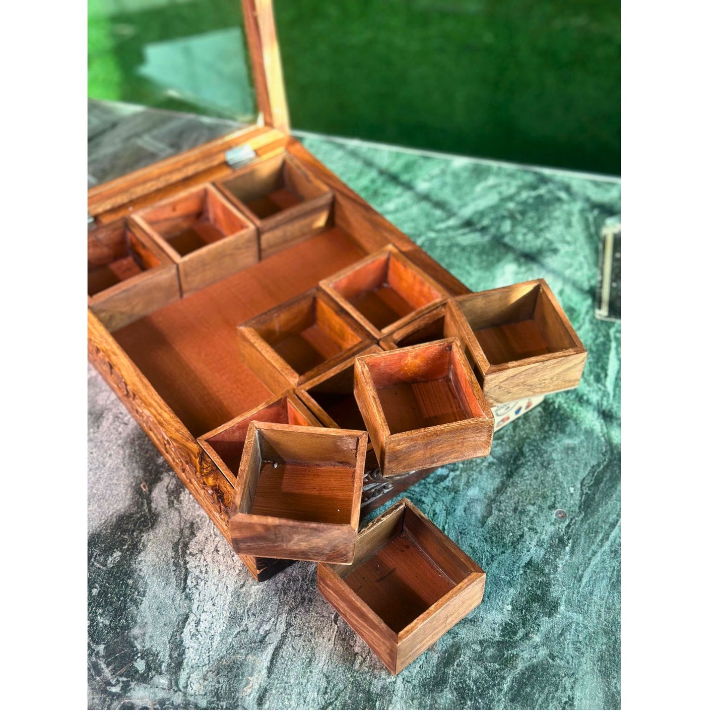 Wooden Spice Box in Sheesham Wood – 12 Portion with Spoon & Non-Breakable Glass Lid
