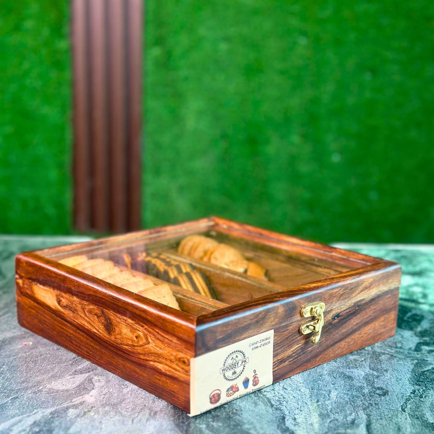 Wooden Storage Box in Pure Sheesham Wood – 3 Portion Biscuit & Spice Box with Spoon & Non-Breakable Glass Lid