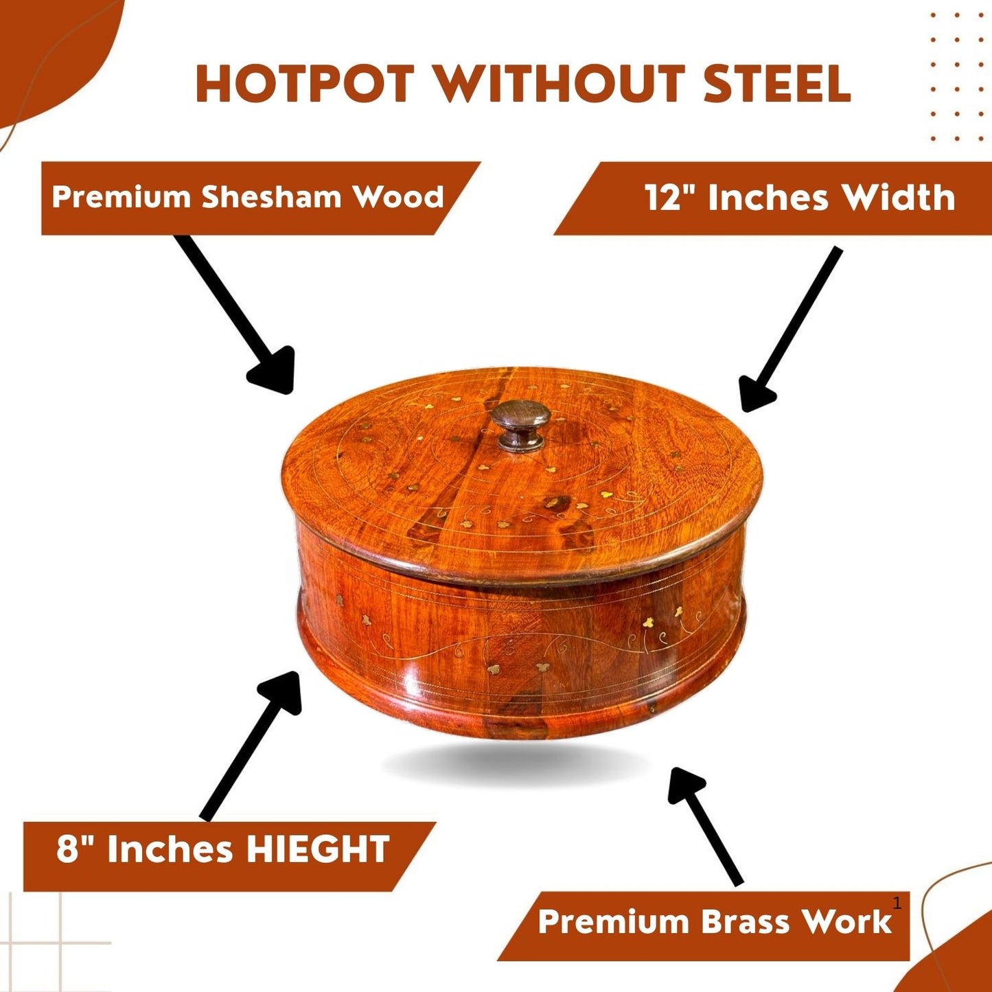 "Traditional Wooden Hotpot (Without Steel Bowl ) – 12x8” Handcrafted with Premium Brass Inlay"