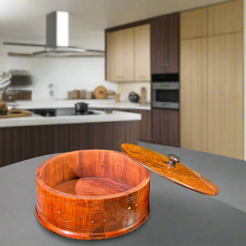"Traditional Wooden Hotpot (Without Steel Bowl ) – 12x8” Handcrafted with Premium Brass Inlay"