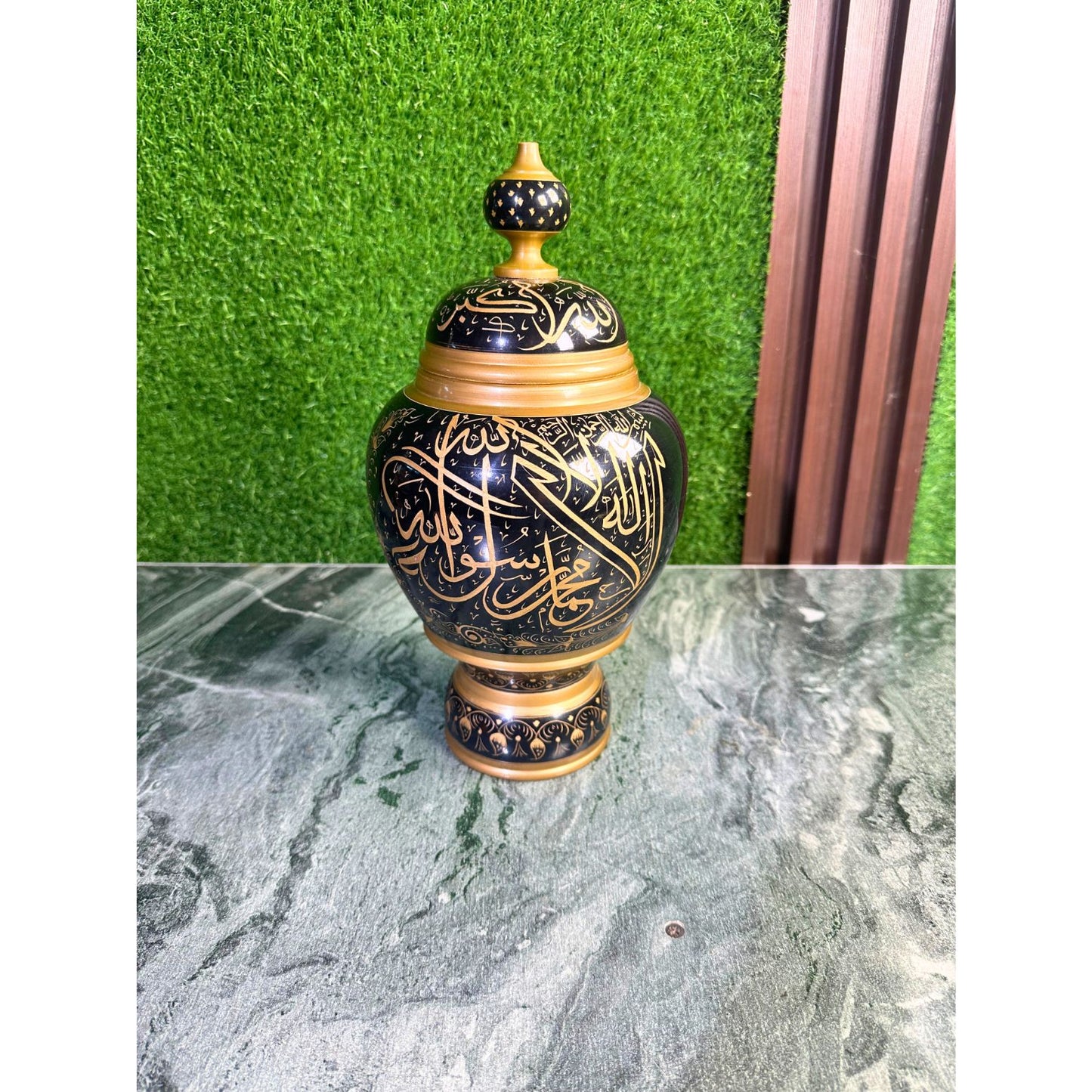 Wooden Kalma Jar – Handcrafted Naqshi Art in Sheesham Wood | Black & Golden Islamic Calligraphy Decor