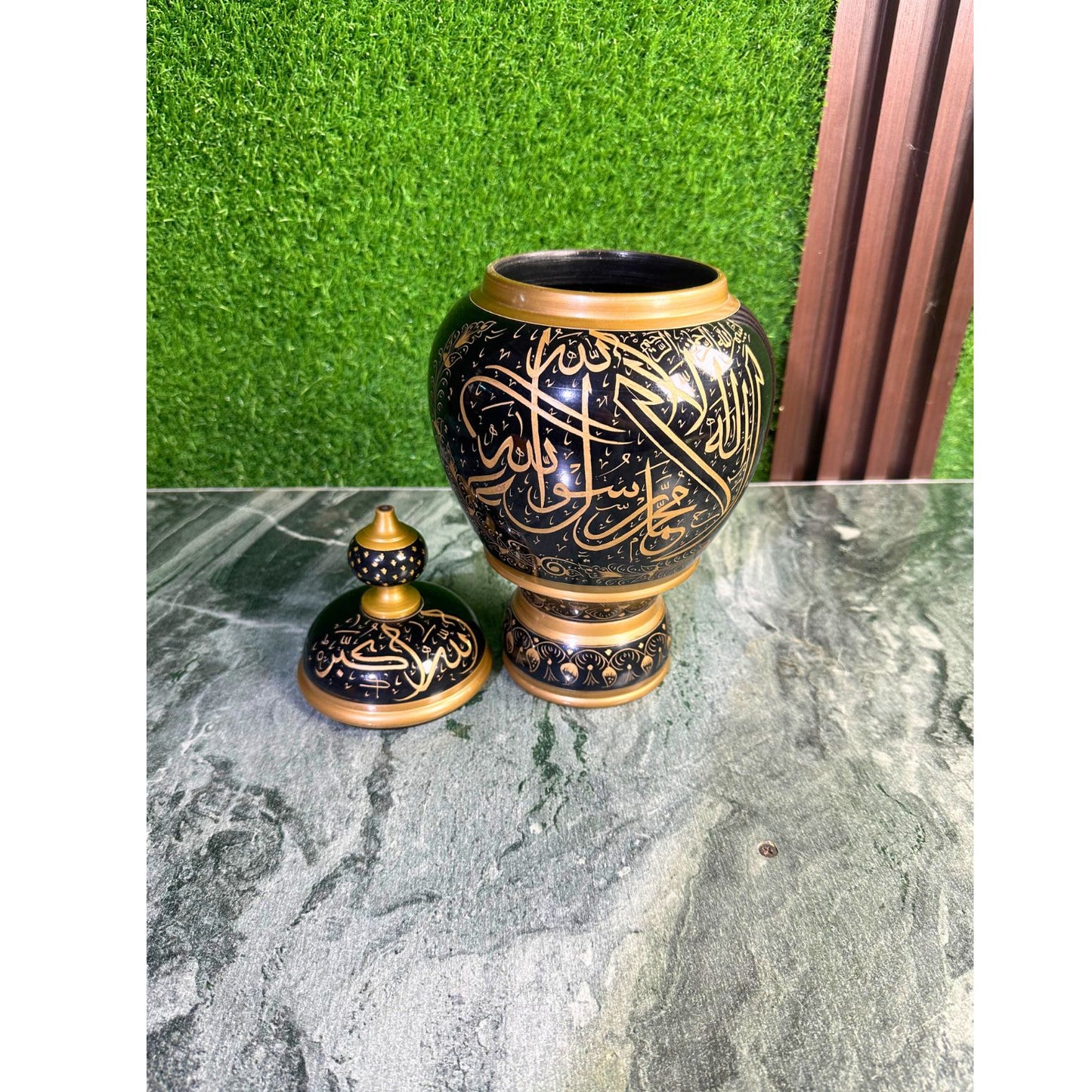 Wooden Kalma Jar – Handcrafted Naqshi Art in Sheesham Wood | Black & Golden Islamic Calligraphy Decor