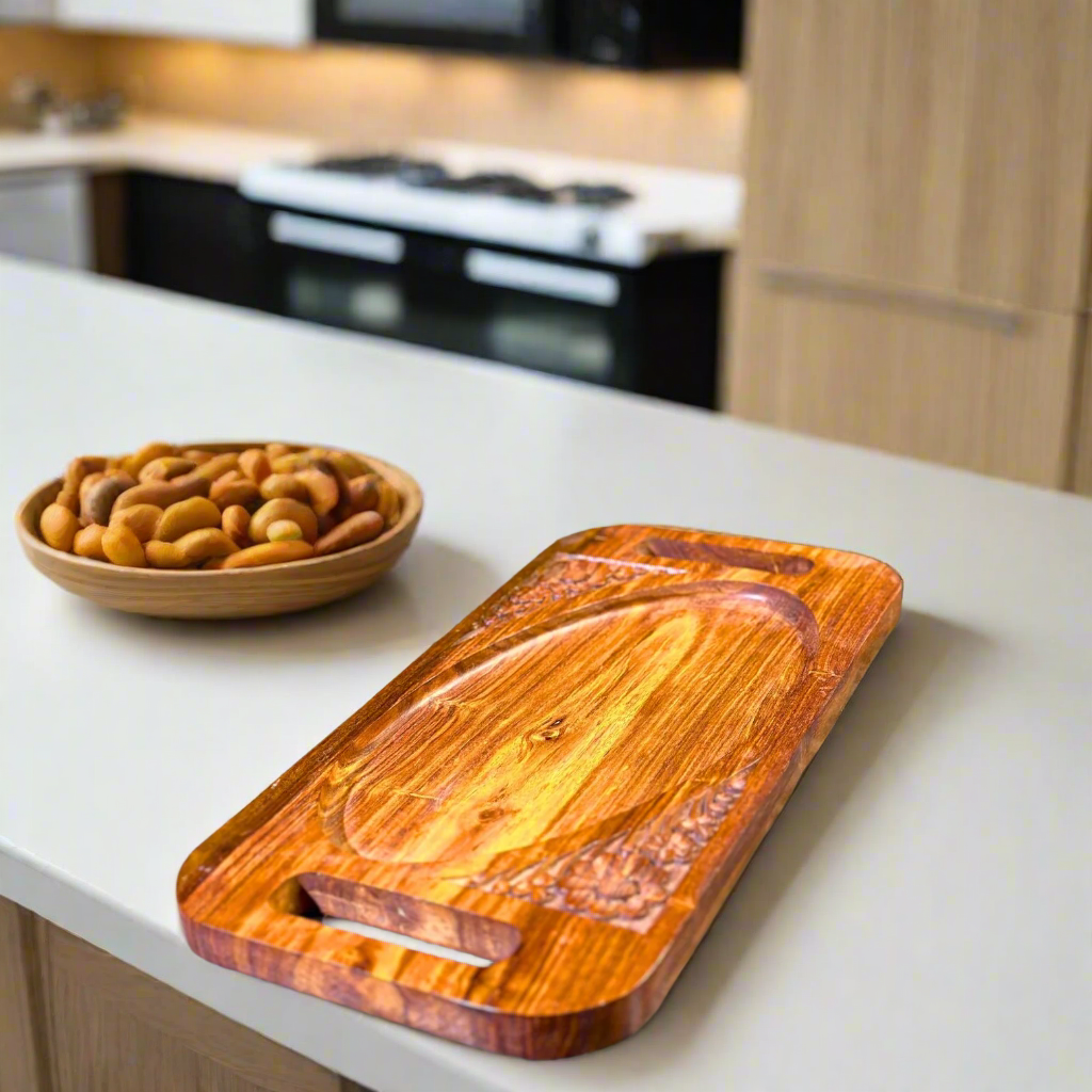 Handcarved Wooden Dry Fruit Serving Tray – 8 x 16 Inch Decorative Platter with 4 Sections