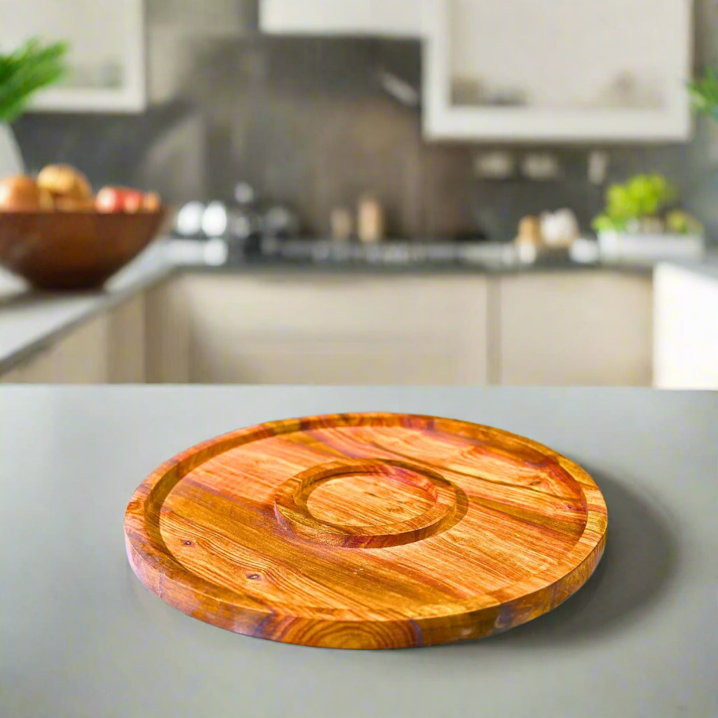 13-Inch Round Wooden Dry Fruit Serving Tray – Handcrafted Circular Tray with Sections