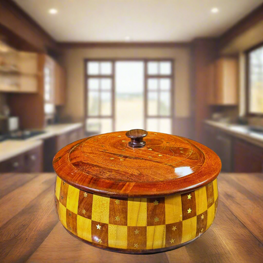 "Handcrafted 12-Inch Tukri Wooden Hotpot (Without Steel) with Brass Detailing"