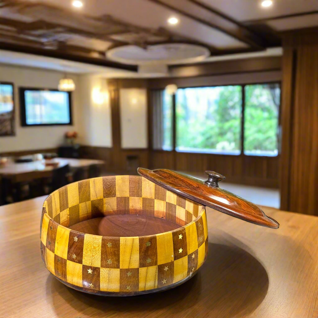 "Handcrafted 12-Inch Tukri Wooden Hotpot (Without Steel) with Brass Detailing"