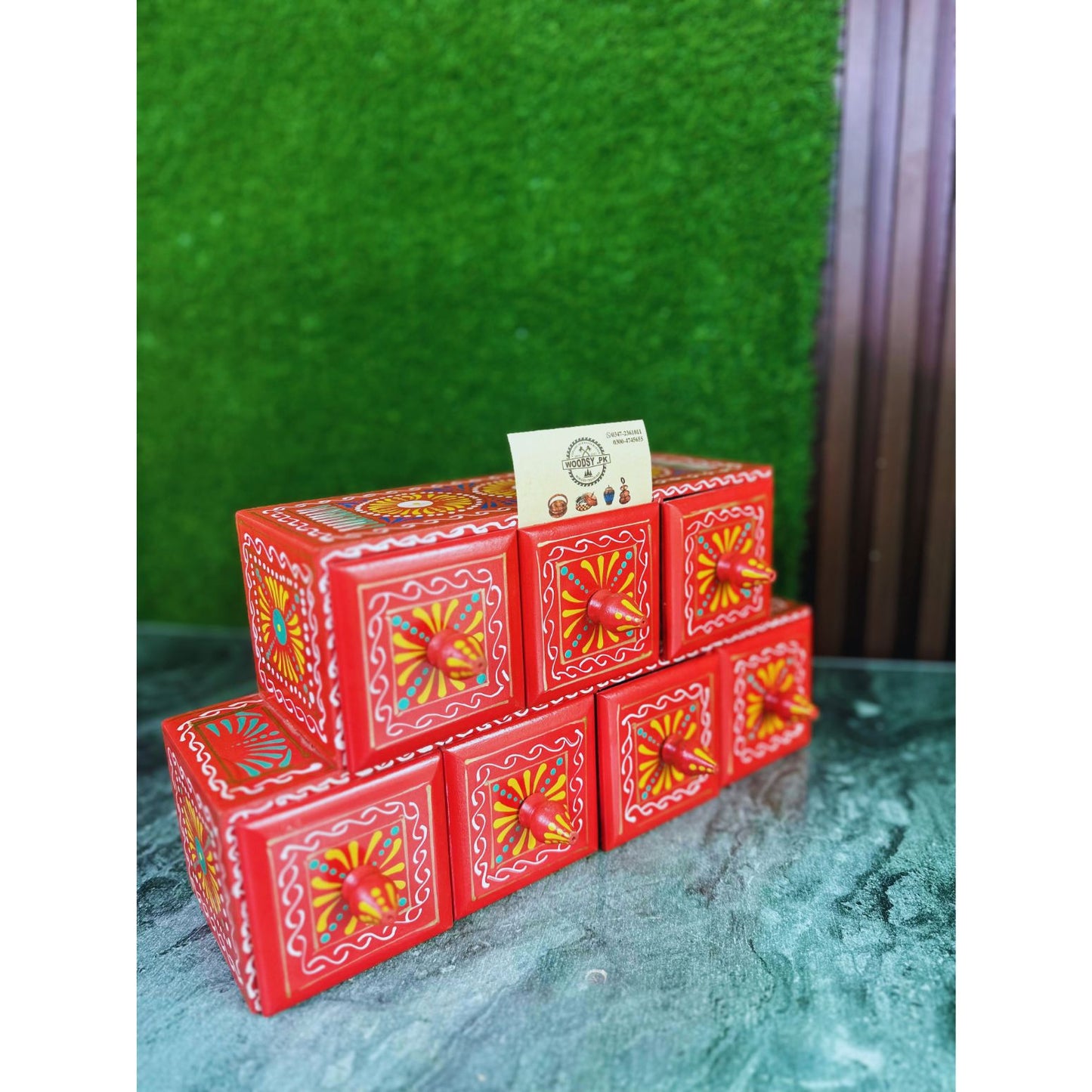 Hand-Painted Red Wooden Spice Box – 7 Portion Truck Art Design | Sheesham Wood Kitchen Organizer