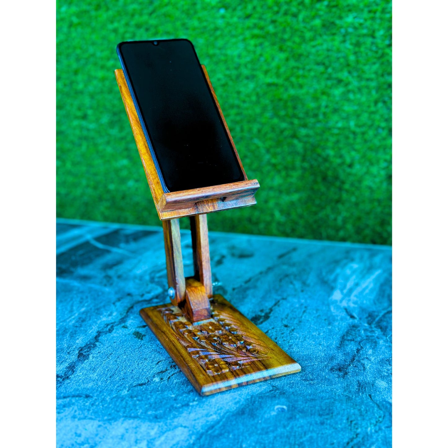 Handcrafted Sheesham Wood Mobile Stand – Elegant Handcarved Design for Desk & Home
