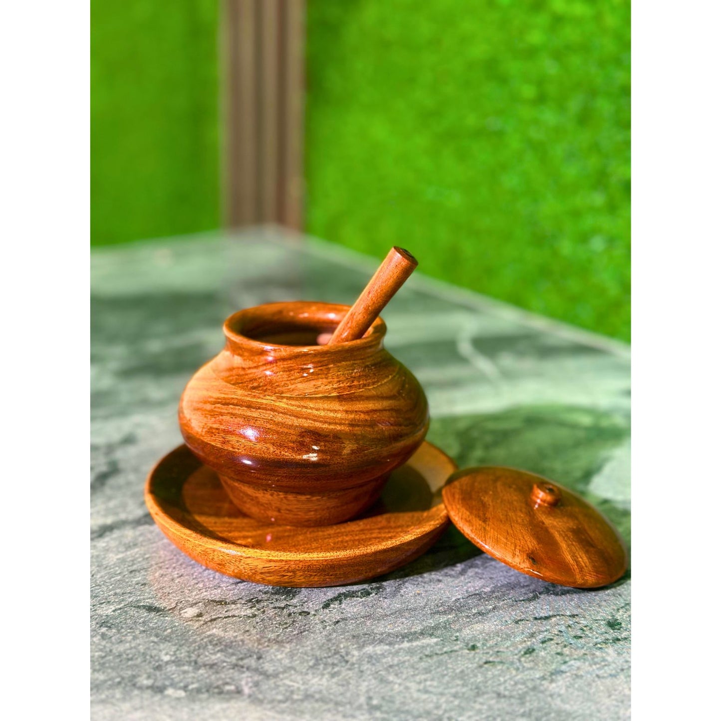 Handcrafted Wooden Sugar Pot with Spoon & Plate – Premium Sheesham Wood Finish