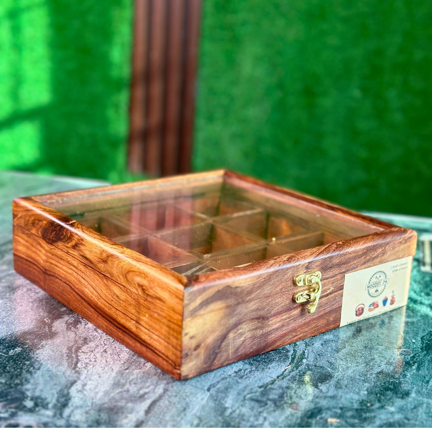 Wooden Spice Box in Sheesham Wood – 9 Portion with Spoon & Non-Breakable Glass Lid