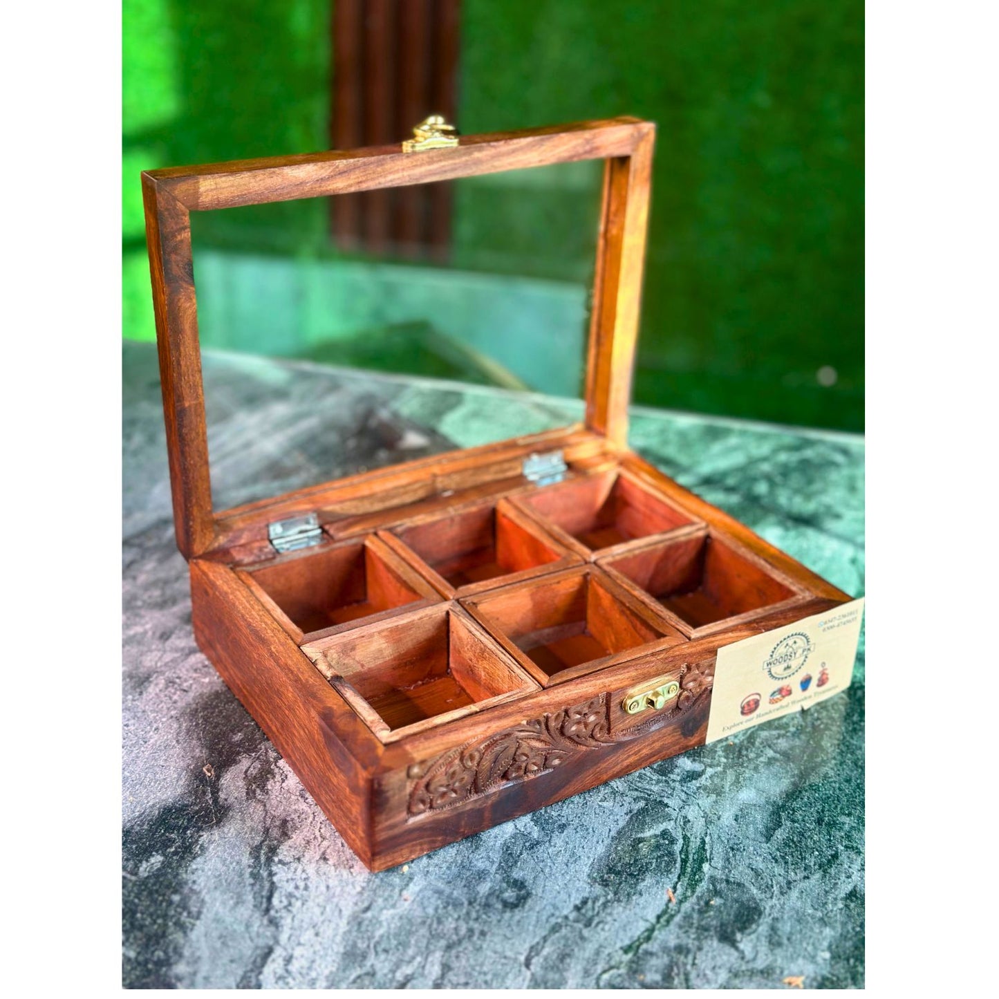 Handcarved Wooden Spice Box in Sheesham Wood – 6 Portion with Spoon & Non-Breakable Glass Lid