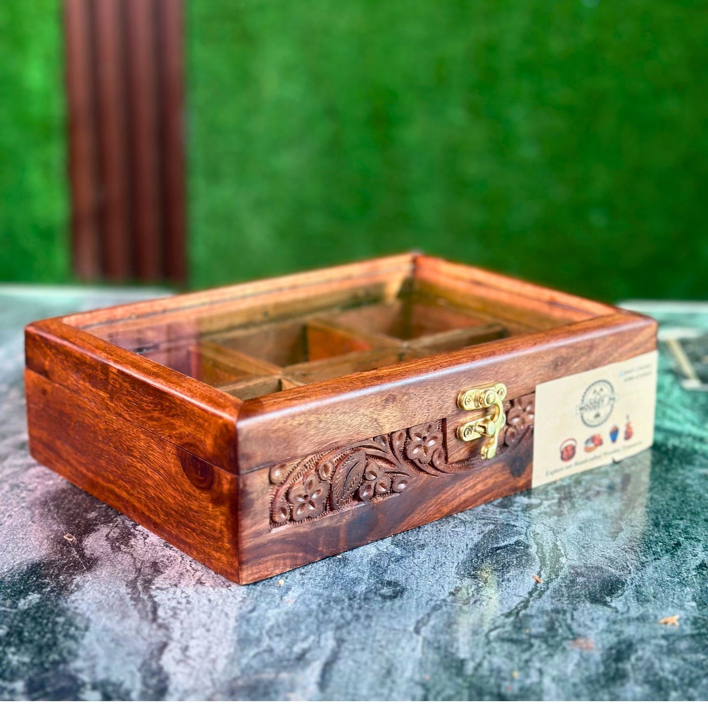 Handcarved Wooden Spice Box in Sheesham Wood – 6 Portion with Spoon & Non-Breakable Glass Lid