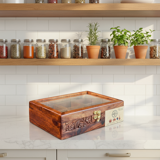 Handcarved Wooden Spice Box in Sheesham Wood – 6 Portion with Spoon & Non-Breakable Glass Lid