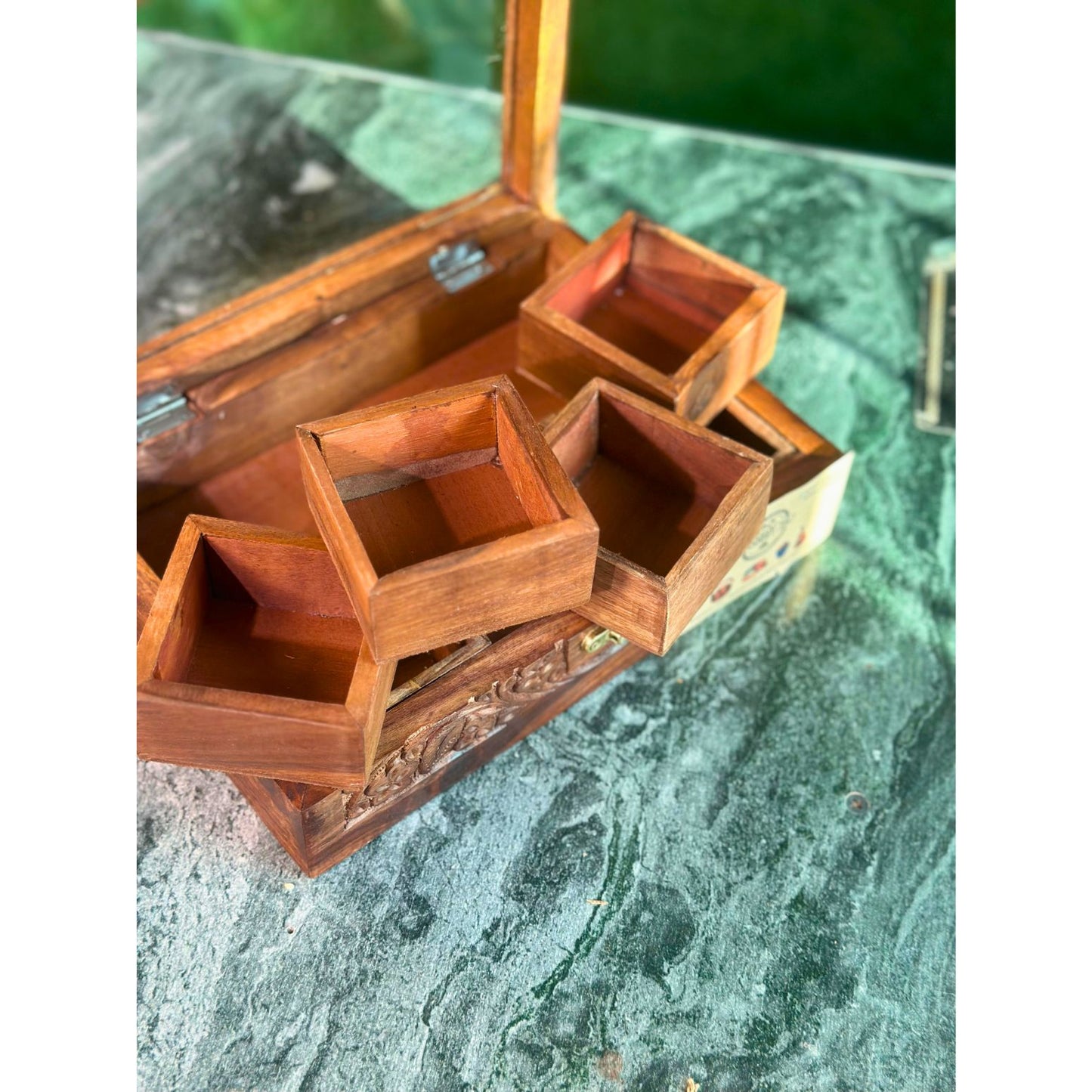 Handcarved Wooden Spice Box in Sheesham Wood – 6 Portion with Spoon & Non-Breakable Glass Lid