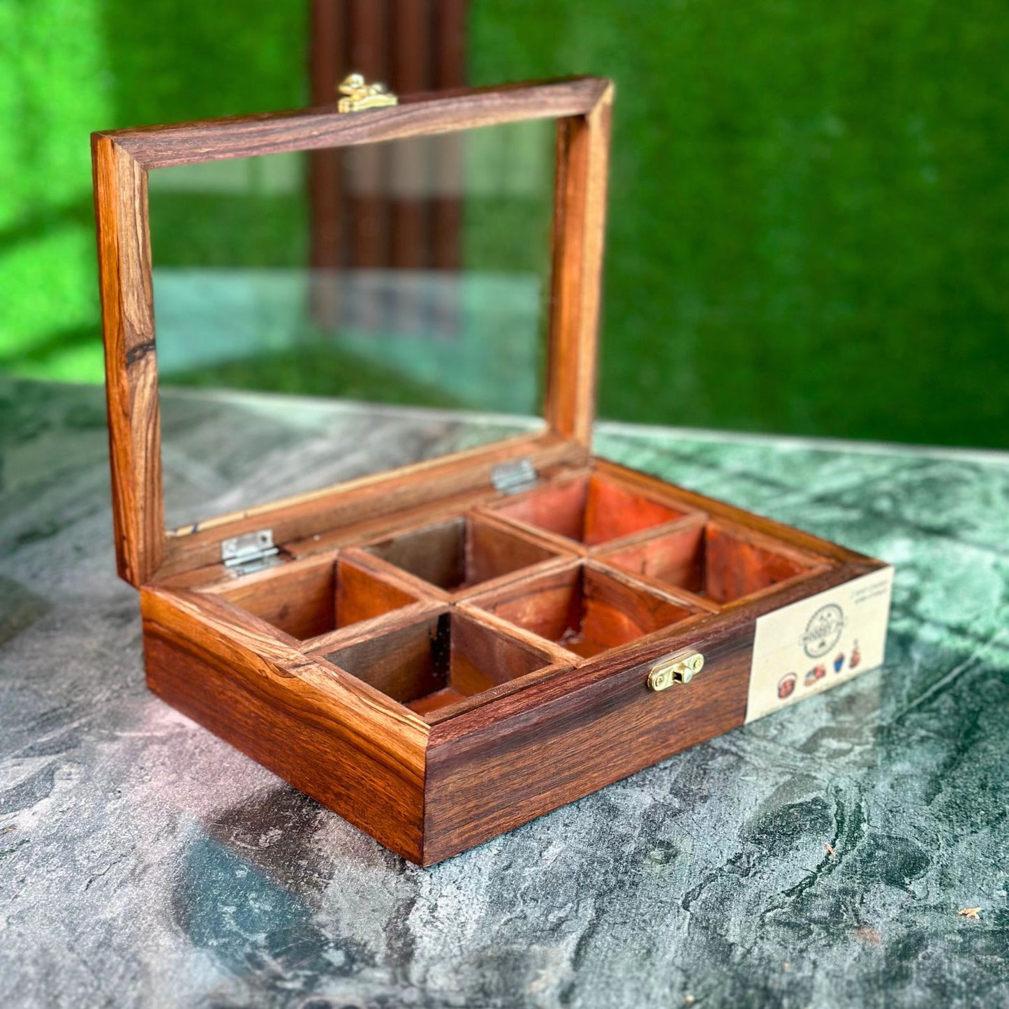 Wooden Spice Box in Sheesham Wood – 6 Portion with Spoon & Non-Breakable Glass Lid
