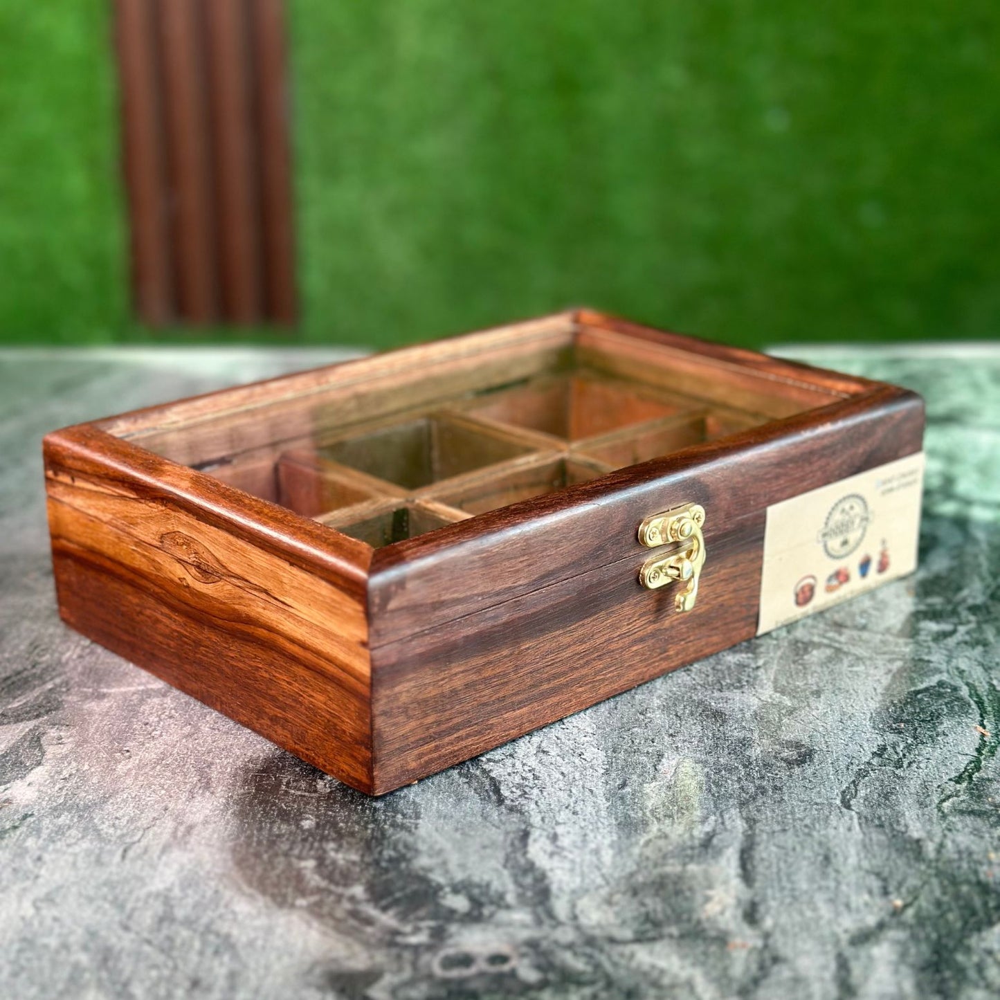 Wooden Spice Box in Sheesham Wood – 6 Portion with Spoon & Non-Breakable Glass Lid