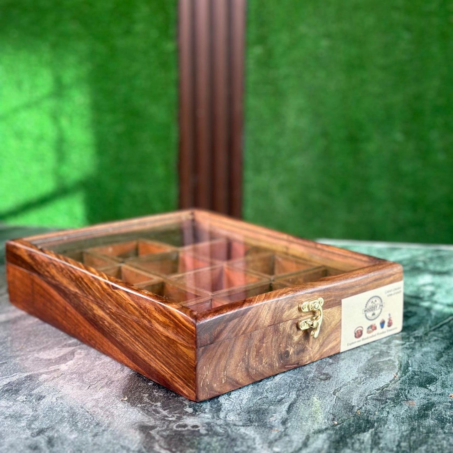 Wooden Spice Box in Sheesham Wood – 12 Portion with Spoon & Non-Breakable Glass Lid