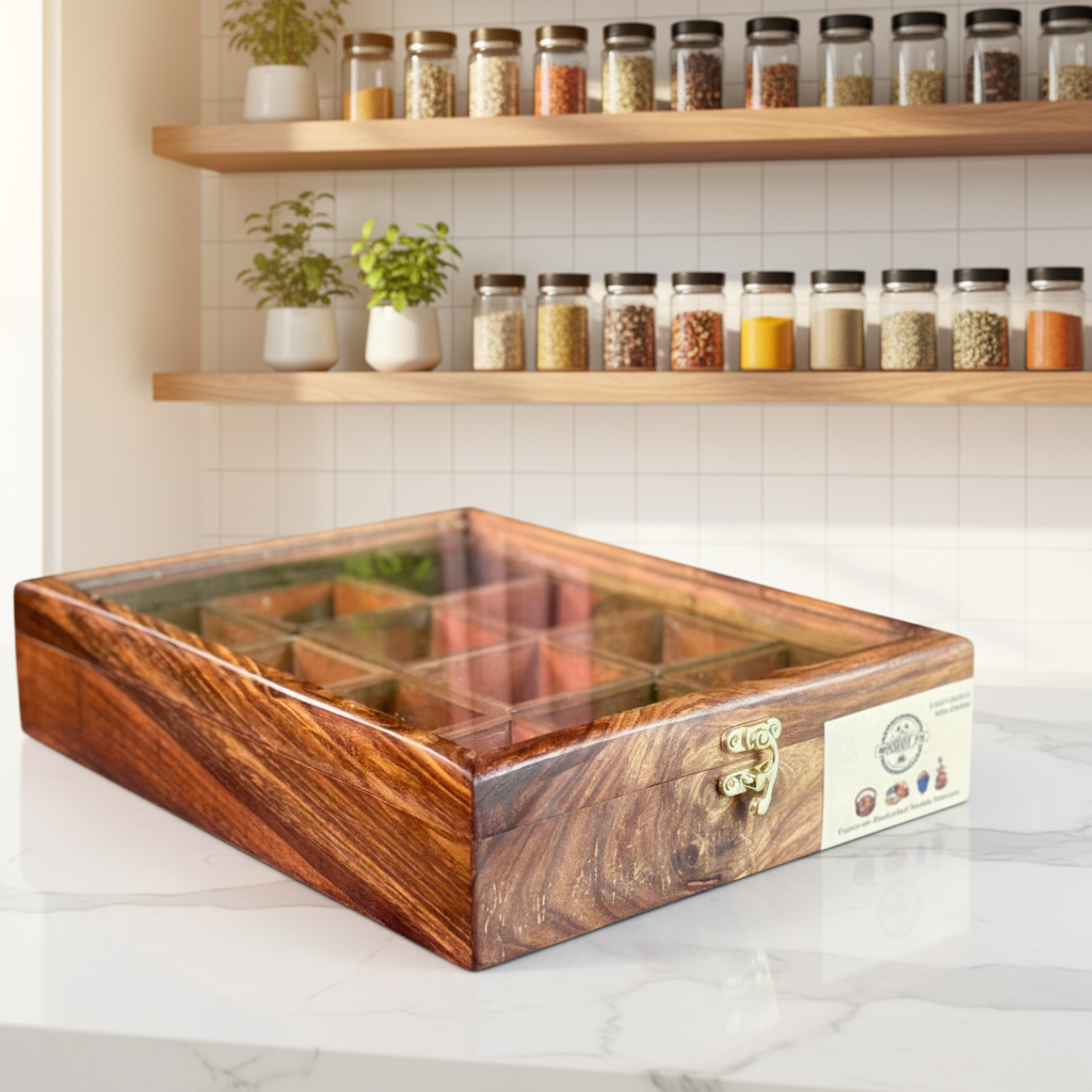 Wooden Spice Box in Sheesham Wood – 12 Portion with Spoon & Non-Breakable Glass Lid