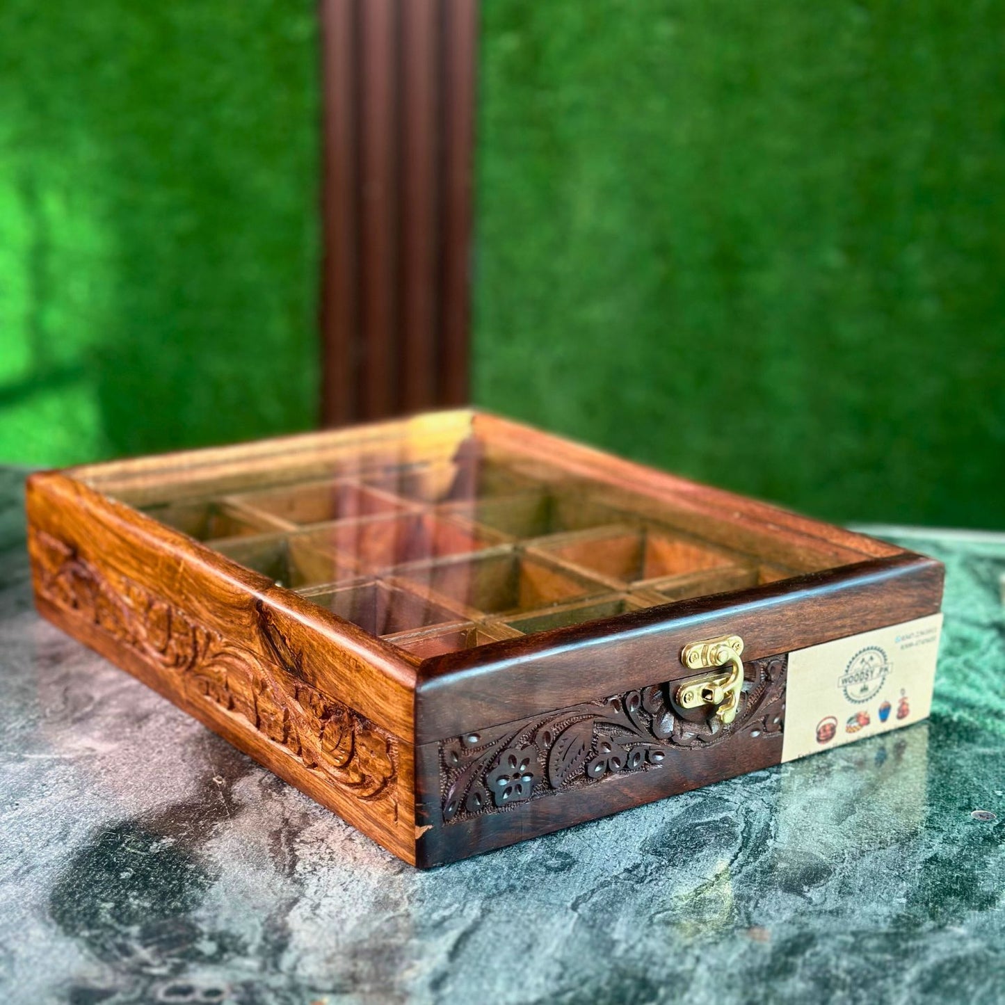 Premium Sheesham Wood Spice Box – 12 Portion Handcarved Design with Spoon & Non-Breakable Glass Lid