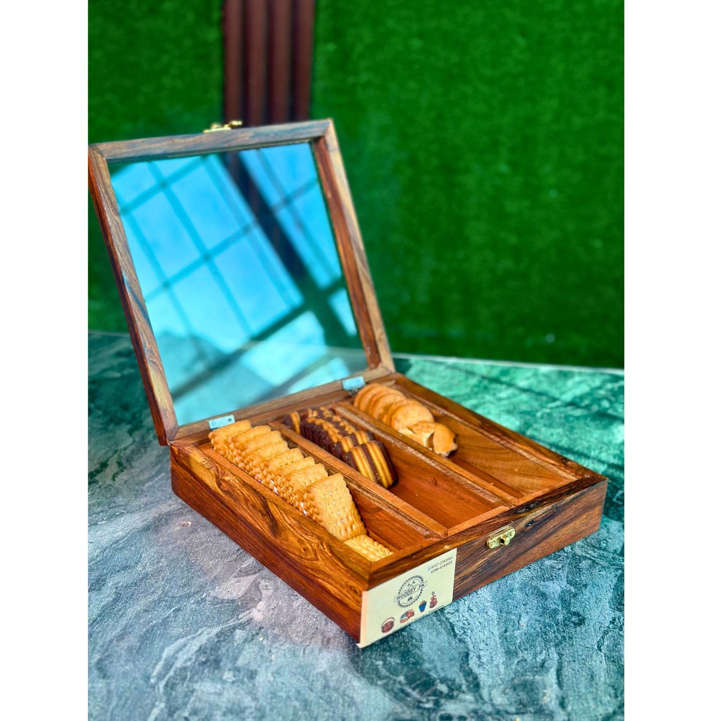 Wooden Storage Box in Pure Sheesham Wood – 3 Portion Biscuit & Spice Box with Spoon & Non-Breakable Glass Lid