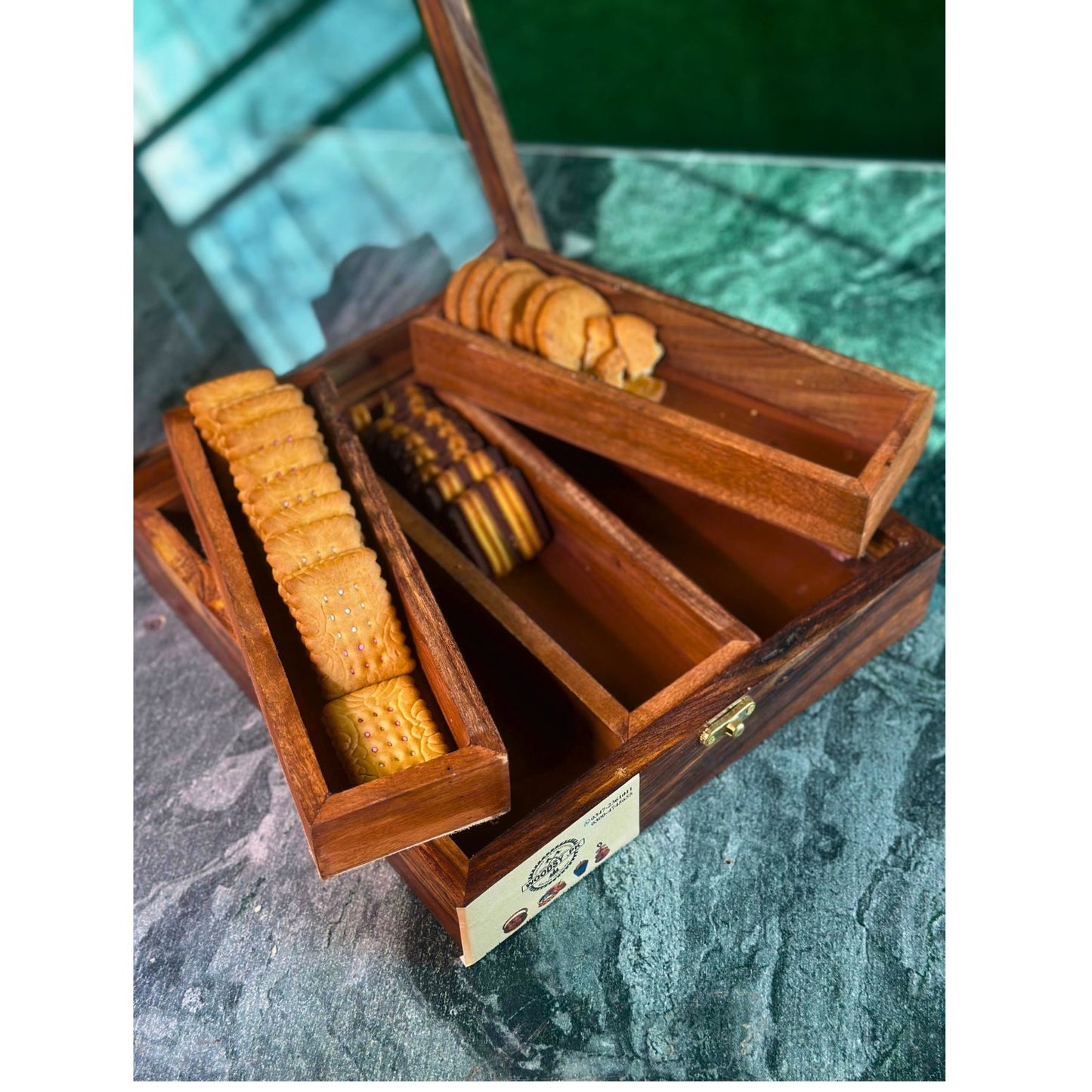 Wooden Storage Box in Pure Sheesham Wood – 3 Portion Biscuit & Spice Box with Spoon & Non-Breakable Glass Lid